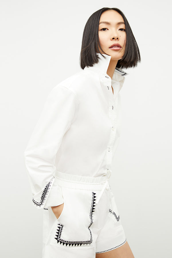 Adina Women's Short Sleeve Poplin Shirt with Embroidery Details - White | Casual Summer Top for Office & Outdoor Activities