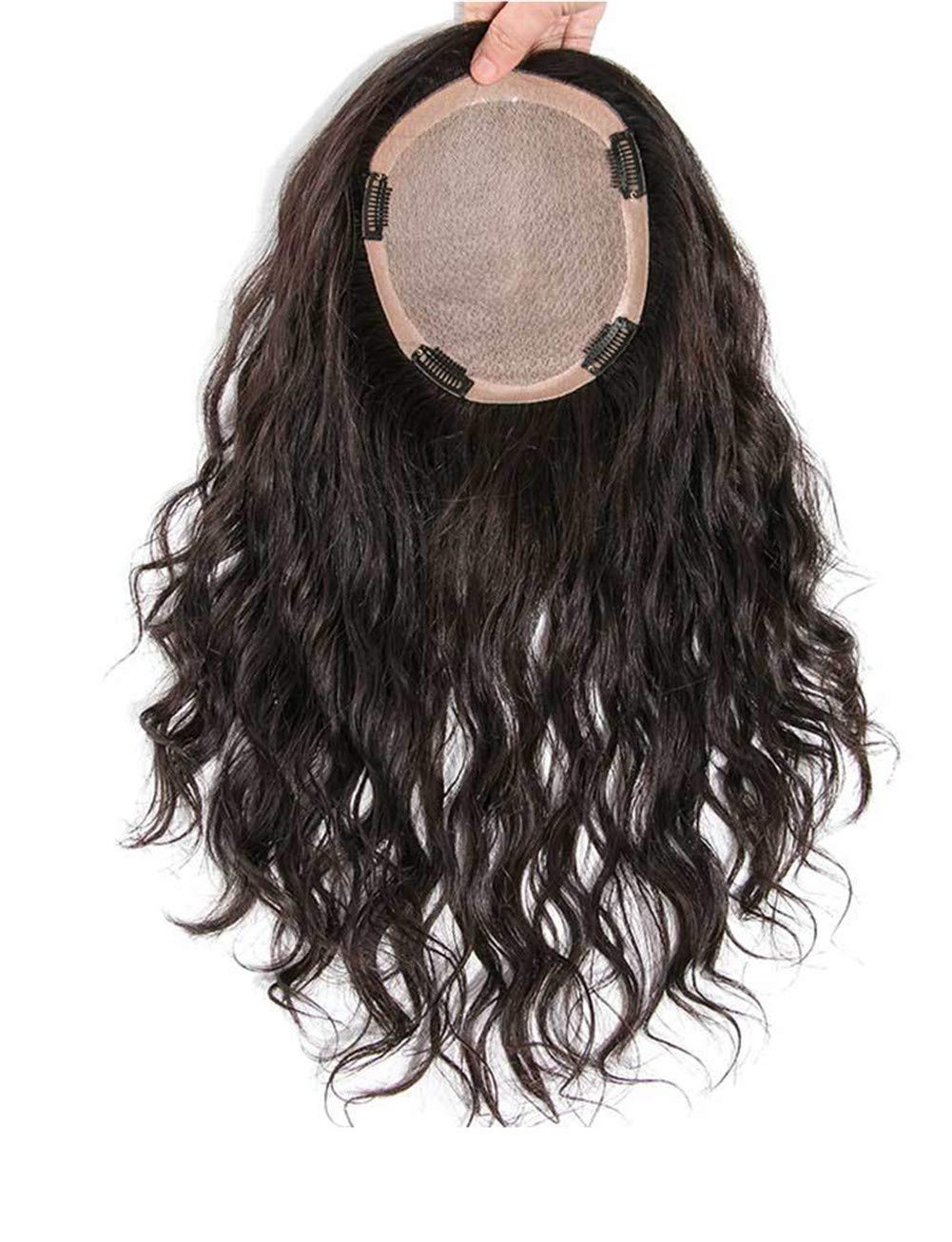 5.5x5.5 Inch Silk Base Human Hair Topper for Women - Hand-Tied Curly Hairpiece for Female Baldness & Thinning Hair - 10 Inch Natural Black Hair Extensions - Perfect for Daily Wear, Special Occasions & Hair Loss Solutions