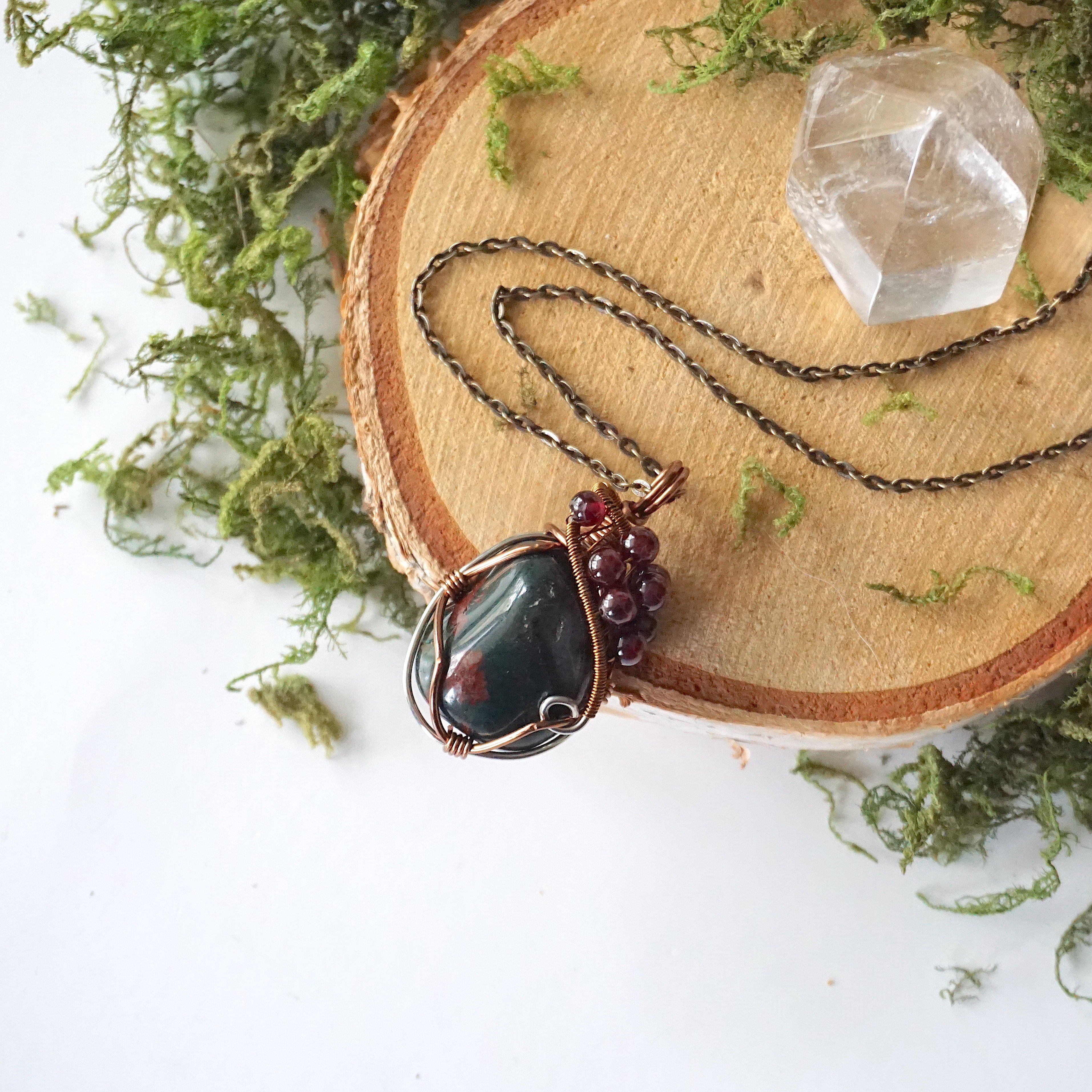 Natural Raw Bloodstone and Garnet Beaded Necklace for Women | Healing Crystal Jewelry | Perfect for Meditation, Energy Balancing & Boho Fashion