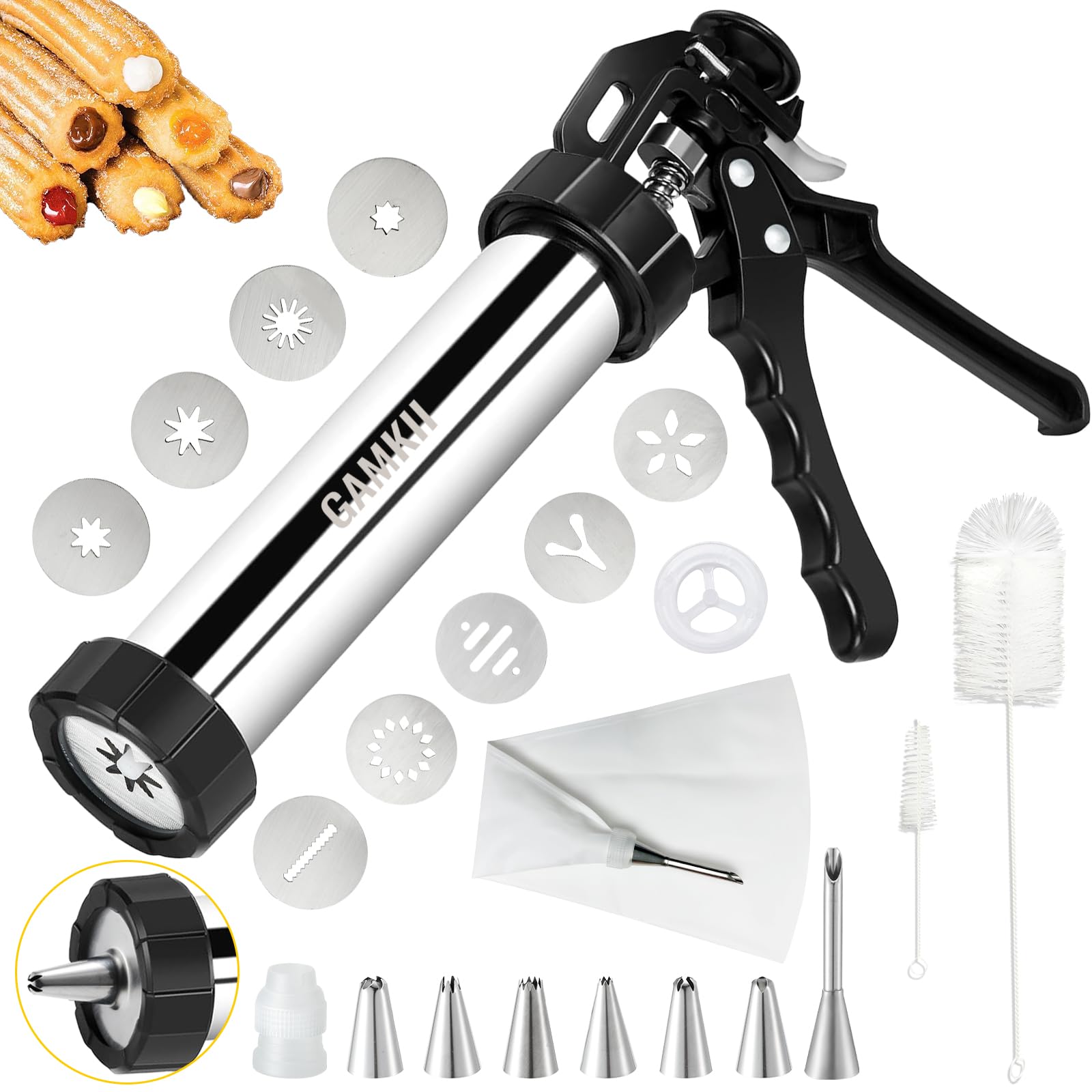Stainless Steel Churro Maker Kit with 4 Hollow Churro Discs, 5 Cookie Discs & 6 Icing Nozzles - Includes Piping Bags, 2 Cleaning Brushes & Cookie Press for Donuts - Perfect for Home Baking, Parties & Dessert Making