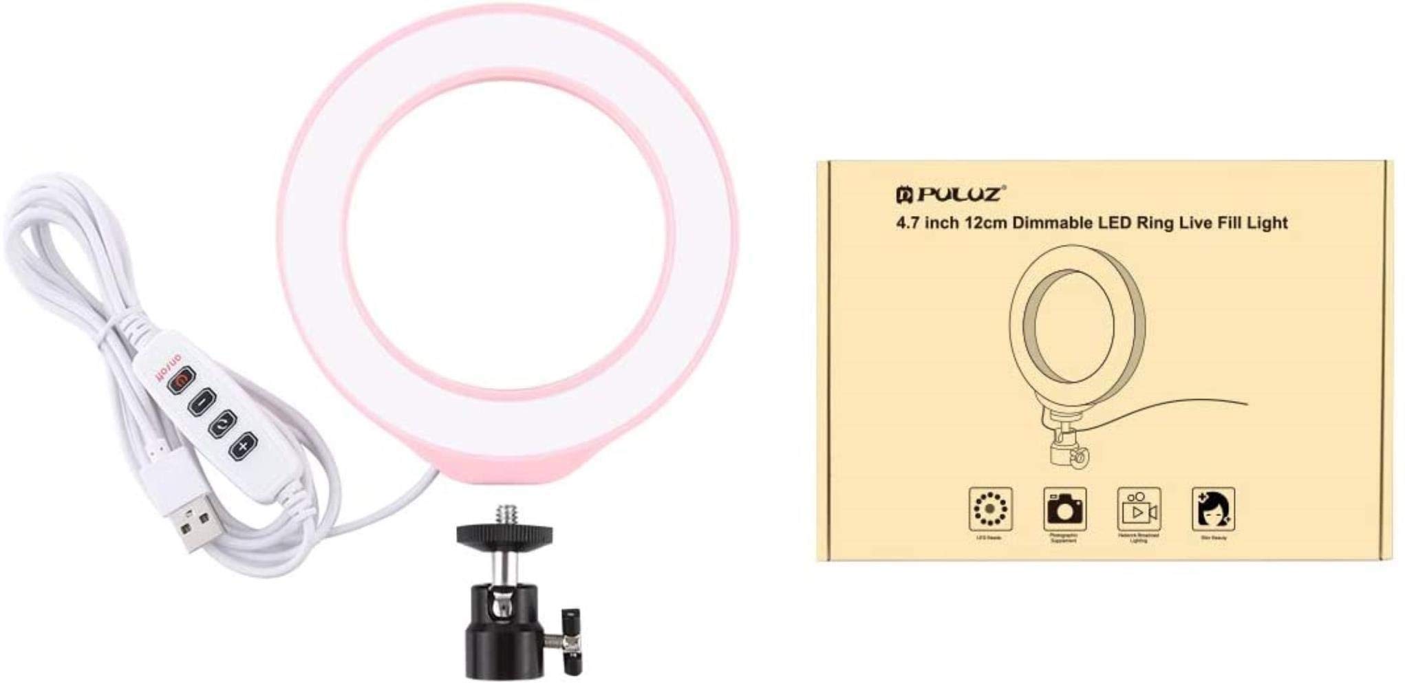 HMTE 4.7 Inch LED Ring Light with Stand - Pink Photography Lighting for Camera, Live Streaming, YouTube Videos, TikTok, Makeup & Selfies - Dimmable Fill Light for Content Creators & Home Studio