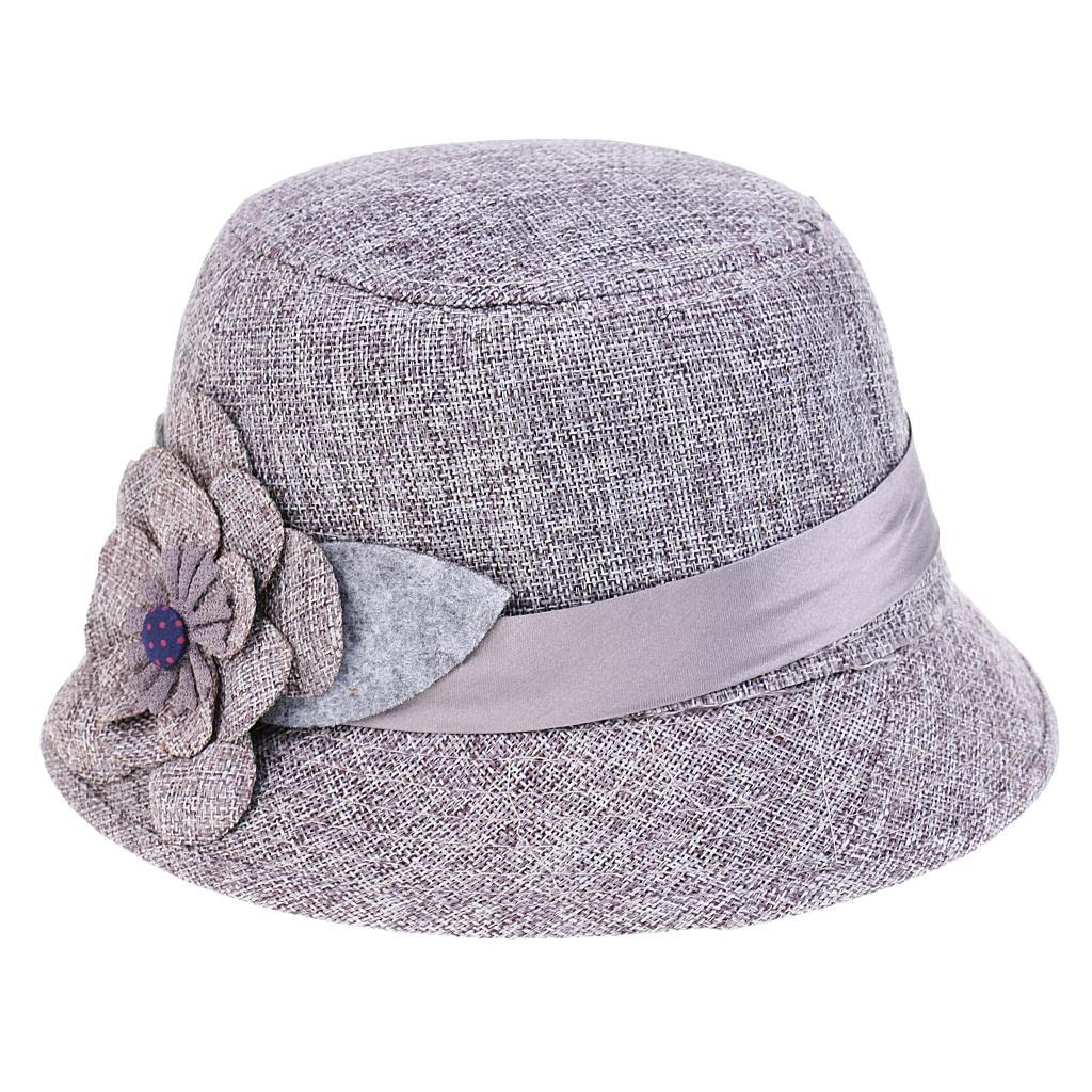 Women's Fashion Cloche Bucket Hat with Floral Accent - Gray Fedora Style Sun Hat for Outdoor, Beach, and Summer Activities
