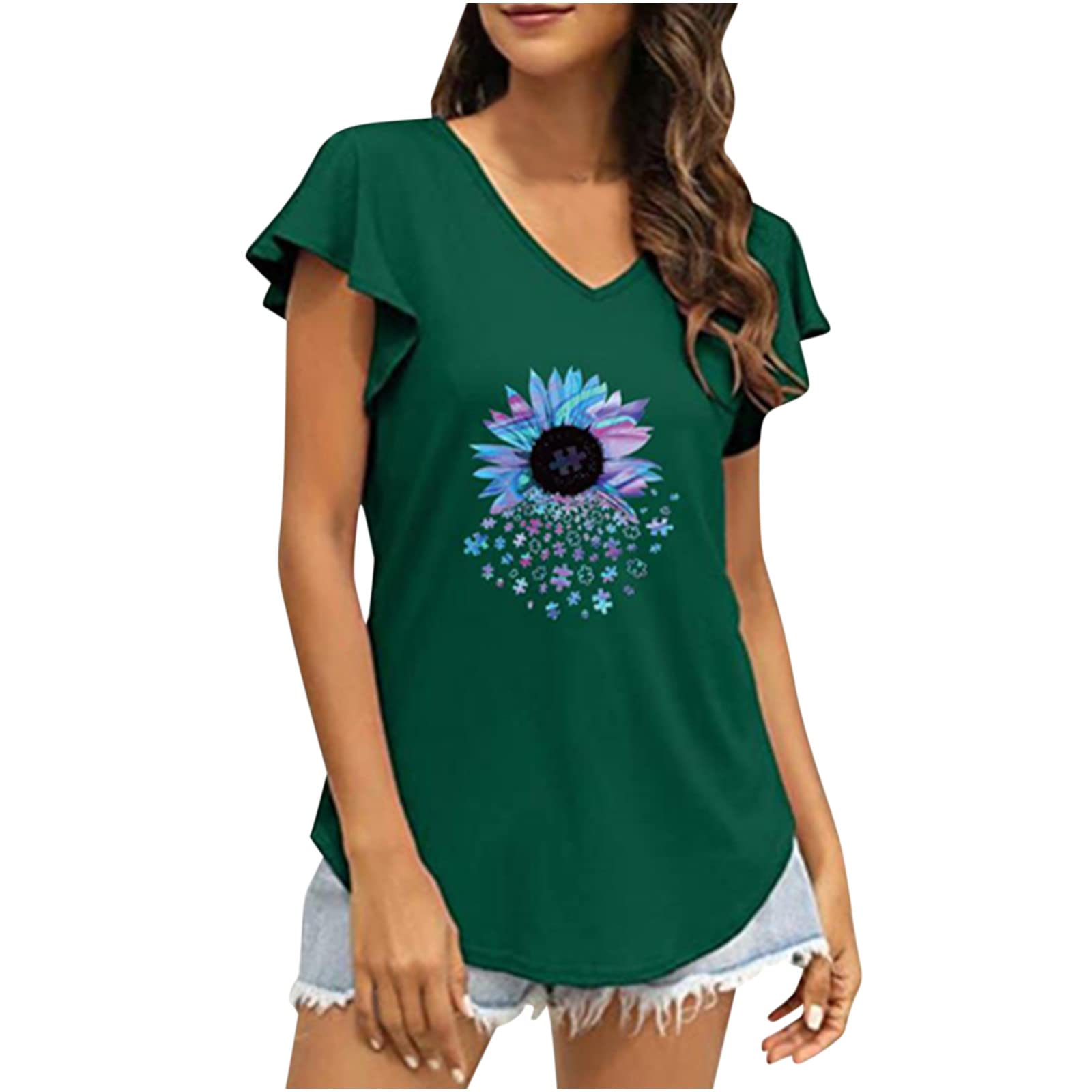Women's Summer Casual Ruffle Short Sleeve V-Neck Tunic Top - Floral Sunflower Print Blouse & T-Shirt for Beach, Vacation, and Everyday Wear