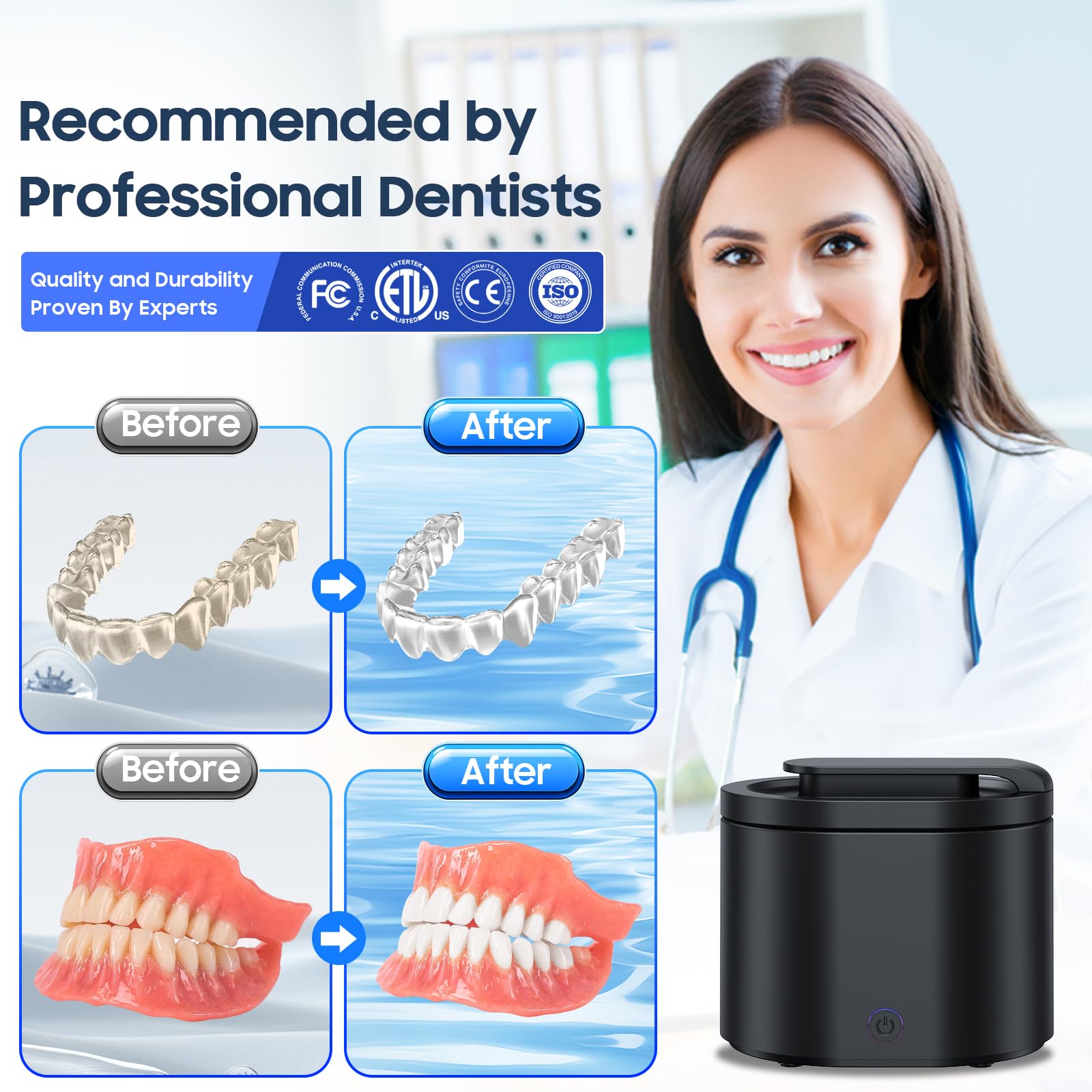 Portable Ultrasonic Retainer Cleaner - 45kHz Dental Appliance Cleaner for Dentures, Mouth Guards & Aligners | Fast & Gentle Cleaning for Oral Care at Home or Travel
