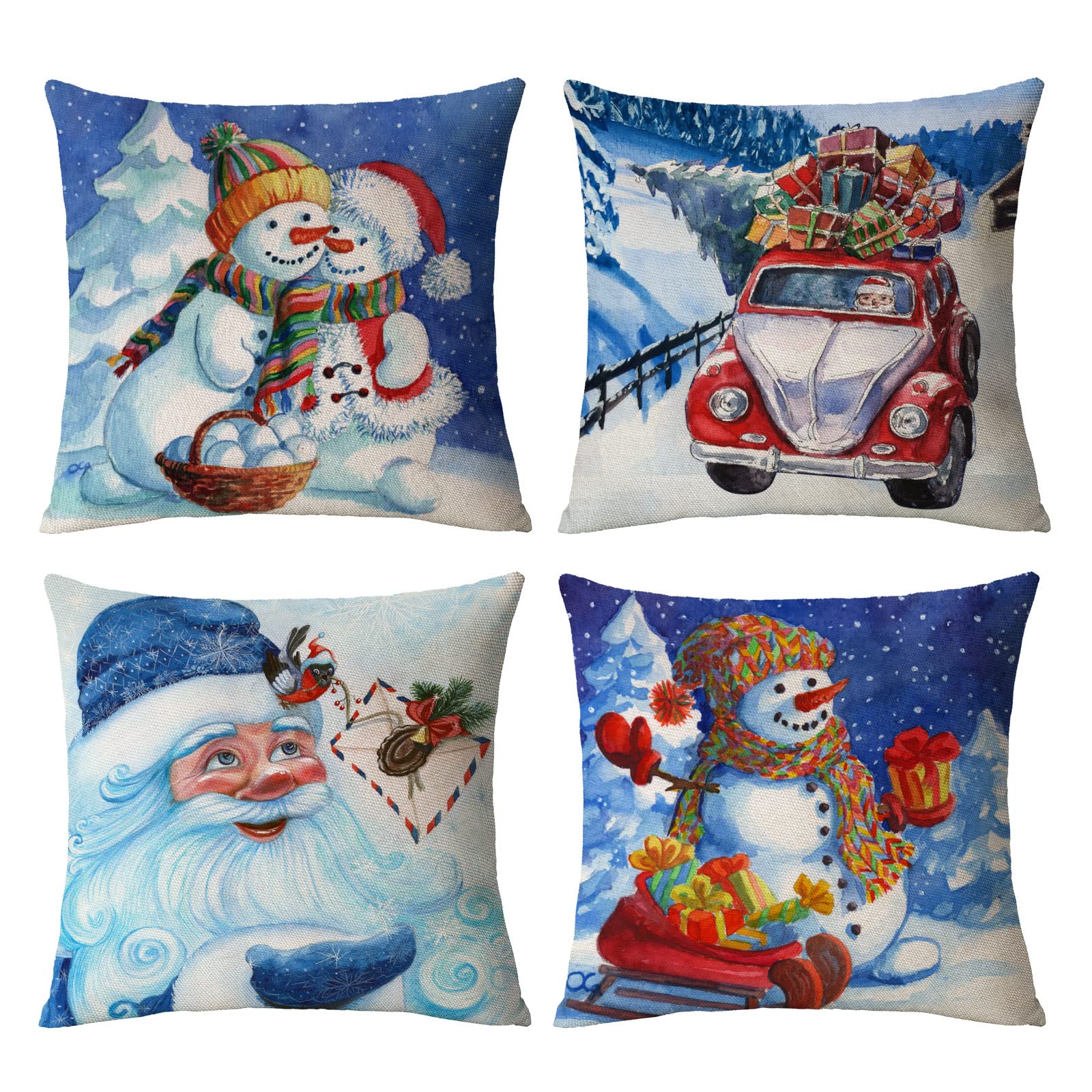 24x24 Christmas Pillow Covers Set of 4 - Holiday Decorative Throw Pillow Cases with Snowman, Santa & Truck Designs for Sofa, Couch, Bed - Perfect for Indoor & Outdoor Christmas Decorations (Home, Living Room, Porch, Party)