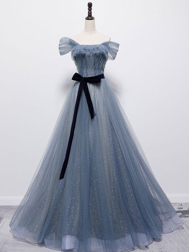 Elegant Blue Tulle Off-Shoulder Sequin Long Prom Dress - Formal Evening Gown for Homecoming, Quinceañera & Special Occasions