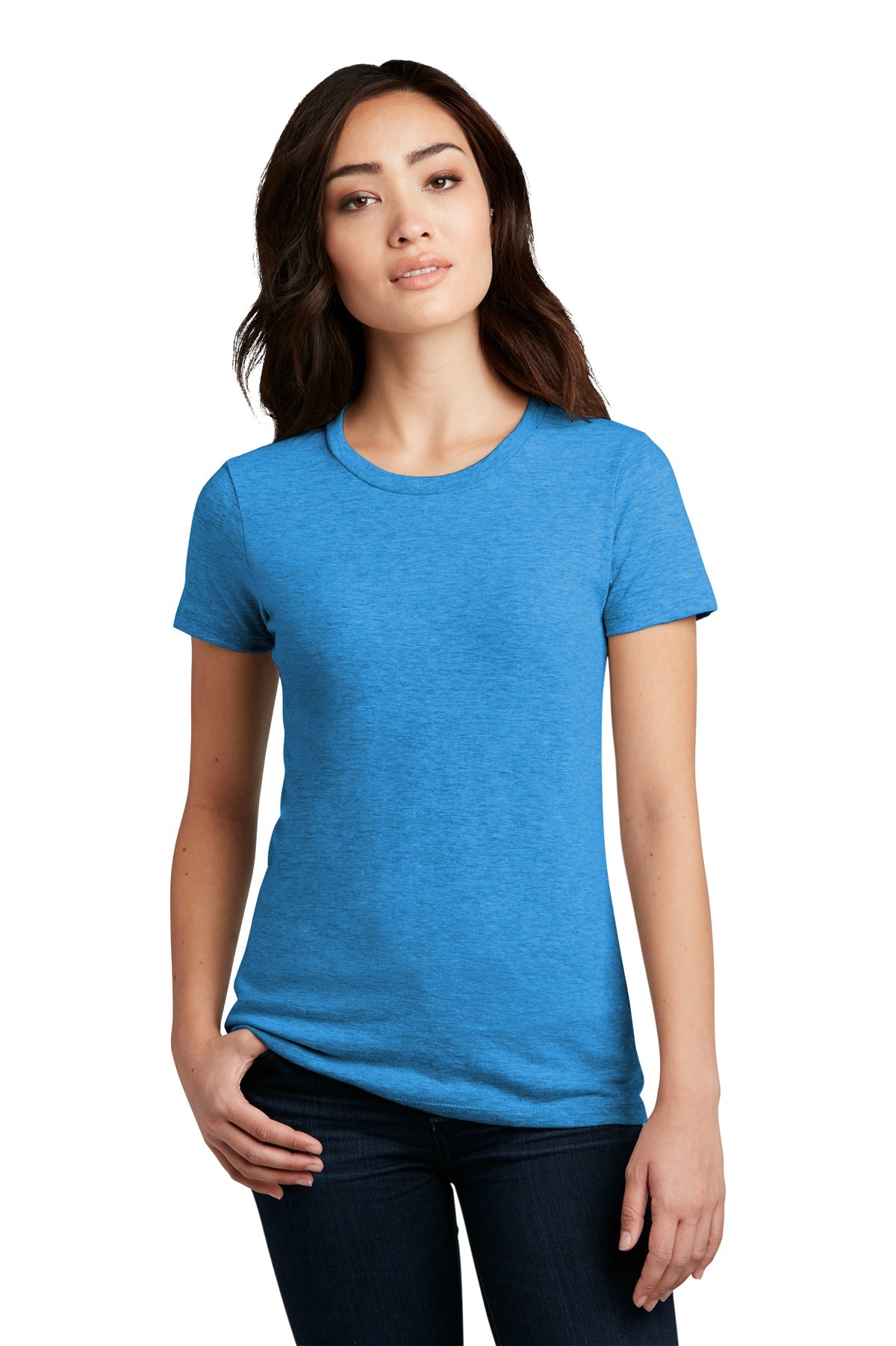 District Made Women's Perfect Blend Crew Tee - Soft Heathered Bright Turquoise Cotton T-Shirt for Casual Wear & Everyday Outfits