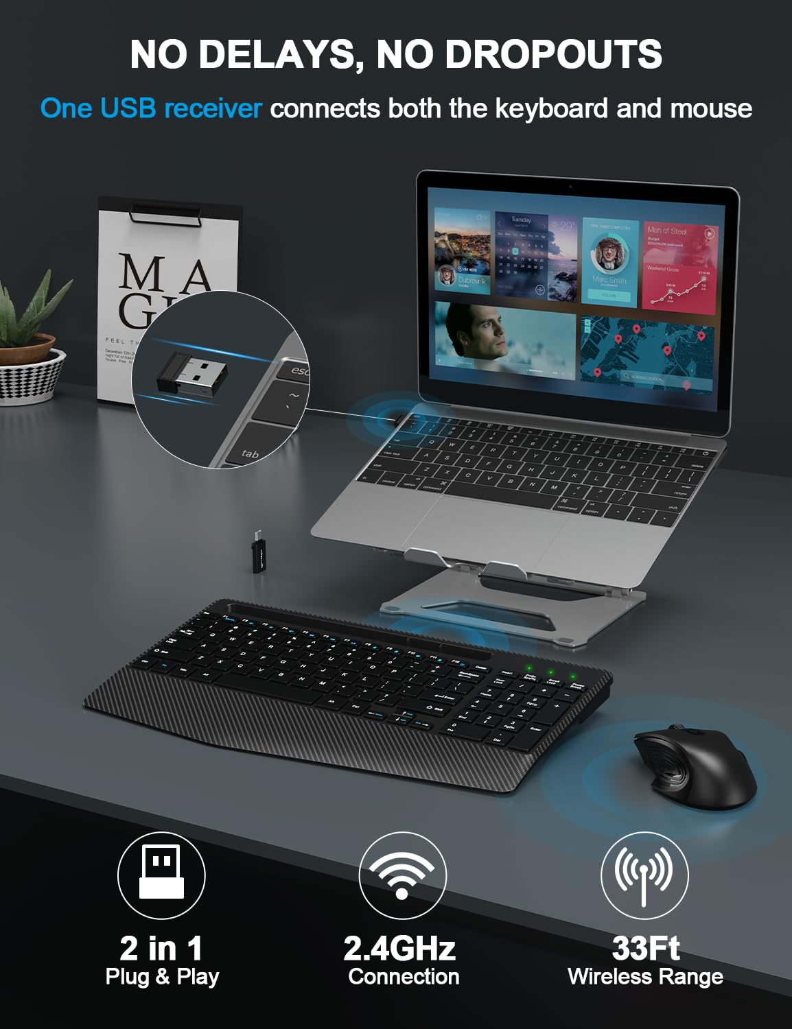 Ergonomic Wireless Keyboard and Mouse Combo with Wrist Rest - 2.4G Rechargeable Silent Cordless Set for Windows Mac PC Laptop - Includes Phone Holder & Sleep Mode (Black) | Perfect for Home Office, Gaming, and Remote Work