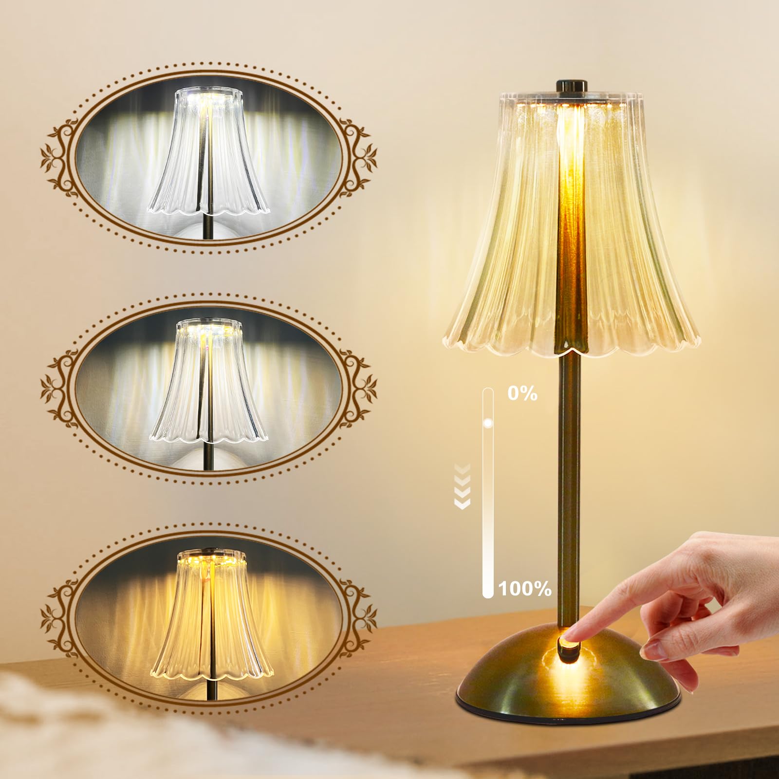 Rechargeable Cordless LED Table Lamp - 3 Color Dimmable Bedside Lamp with Elegant Gold Vintage Shade, 12 Inch Decorative Nightstand Lighting for Bedroom, Living Room, Office & Reading Nook