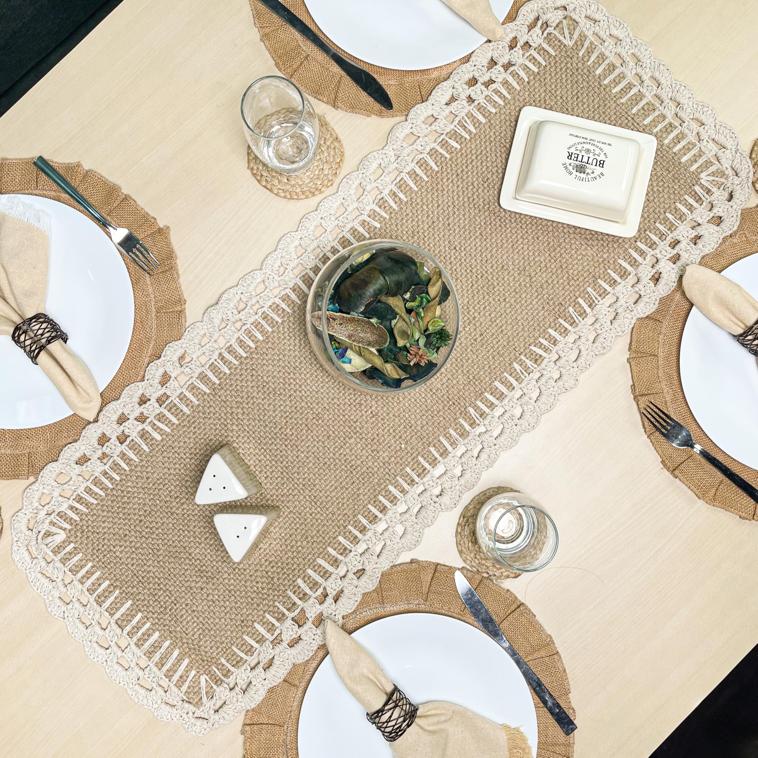 Chardin Home Handwoven Jute Table Runner with Ivory Crochet Border - 13x36 Inch Rustic Farmhouse Decor, Artisan Crafted Table Topper for Dining Room, Kitchen, or Wedding Decor