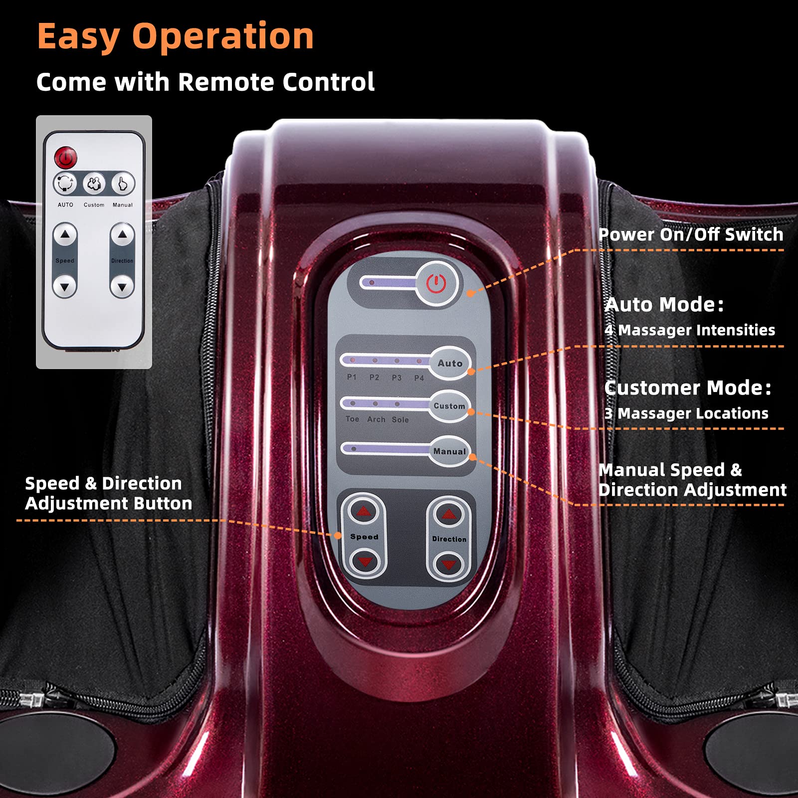 RELAX4LIFE Shiatsu Foot Massager Machine with Remote Control - 4 Programs & 3 Modes for Deep Kneading, Electric Calf & Foot Massage - Relieves Plantar Fasciitis, Tired Muscles - Touch Panel & Burgundy Design - Perfect for Home, Office & Post-Workout Recovery