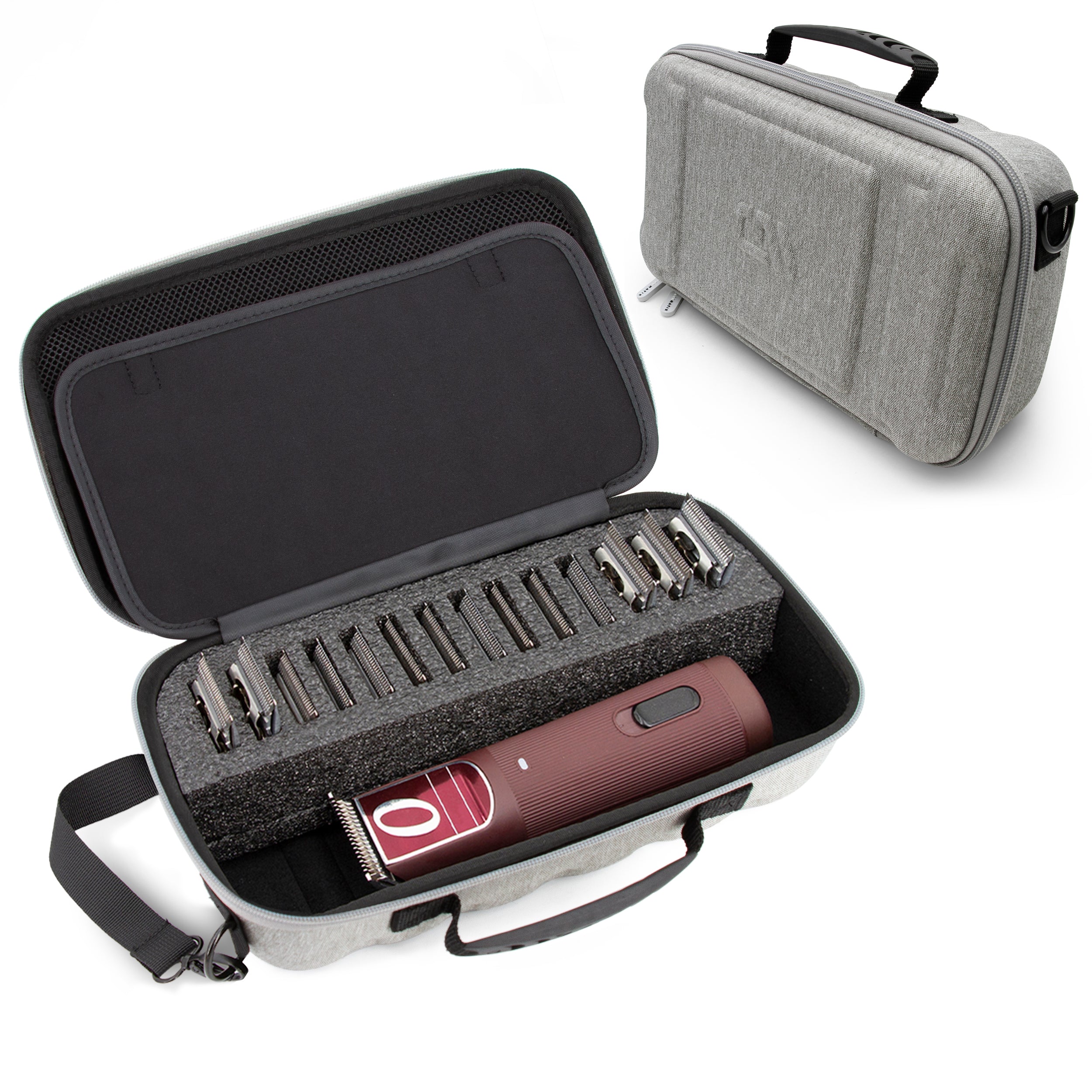 CASEMATIX Professional Hair Clipper Case for Barbers - Compatible with Andis, Oster, Wahl 14 Metal Detachable Clipper Blades - Grey Travel Storage Case for Salon, Home & Barber Shop Use