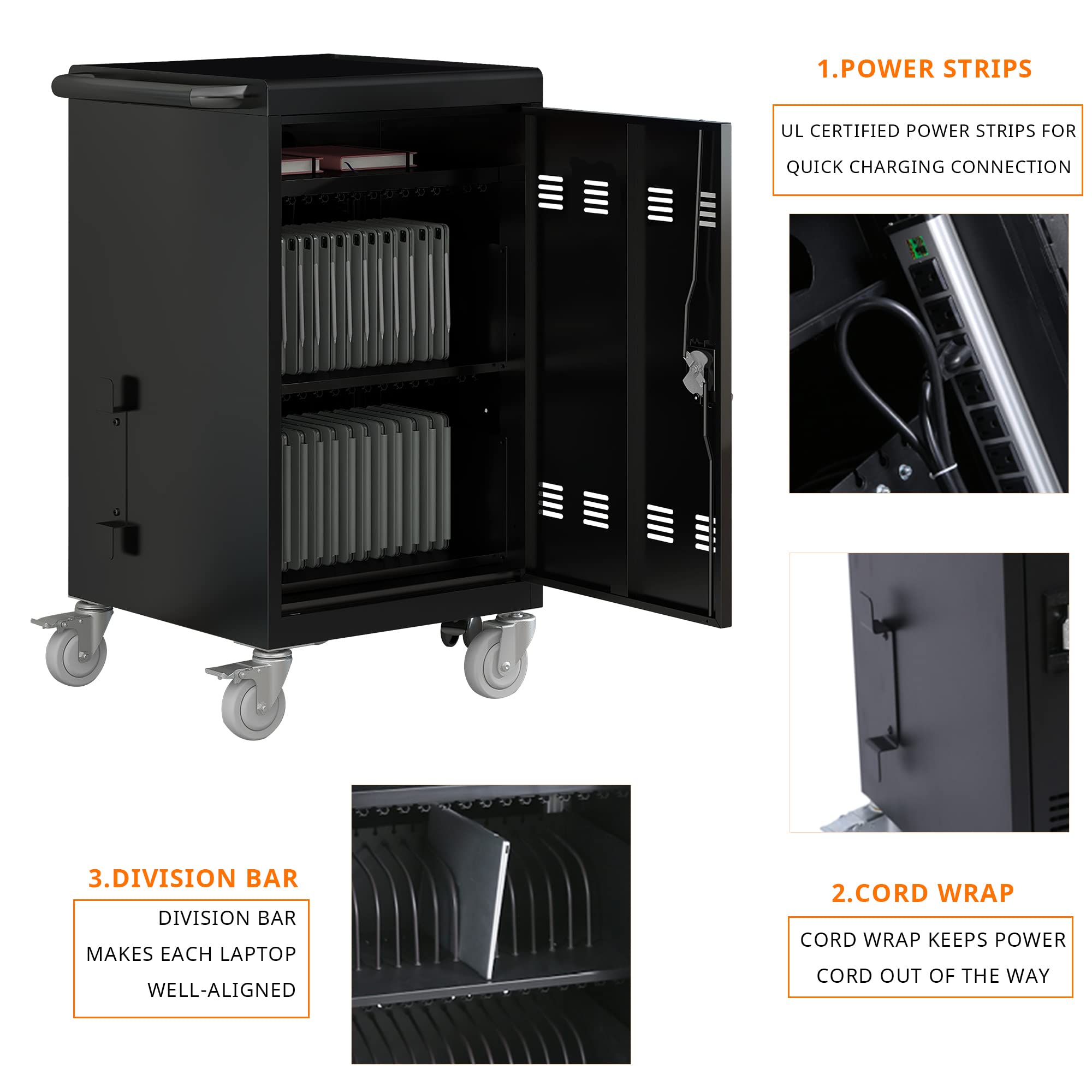 32 Device Rolling Laptop Charging Cart with Surge Protection - 10-Pack Mobile Charging & Storage Cabinet for Chromebooks, Front & Back Access Locking, Black - Ideal for Schools, Offices, and Tech Labs