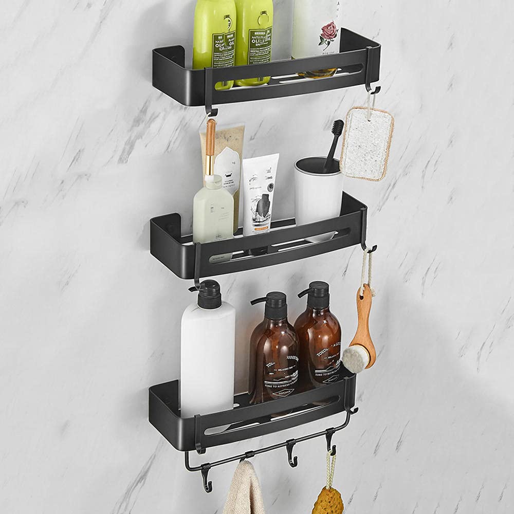 Black Wall Mounted Shower Caddy - 3-Tier No Drill Adhesive Bathroom Shelf with Hooks, Space Saving Aluminum Organizer for Shower, Kitchen & Bath Accessories | Perfect for Small Spaces & Apartment Living