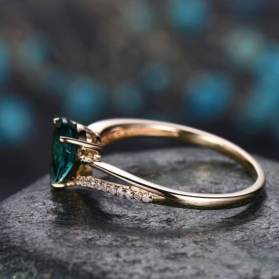Pear Cut Emerald Engagement Ring 14K Yellow Gold Handmade Diamond Ring Split Shank Stacking Band - Gemstone Promise Ring for Anniversary, Wedding, Proposal & Special Occasions