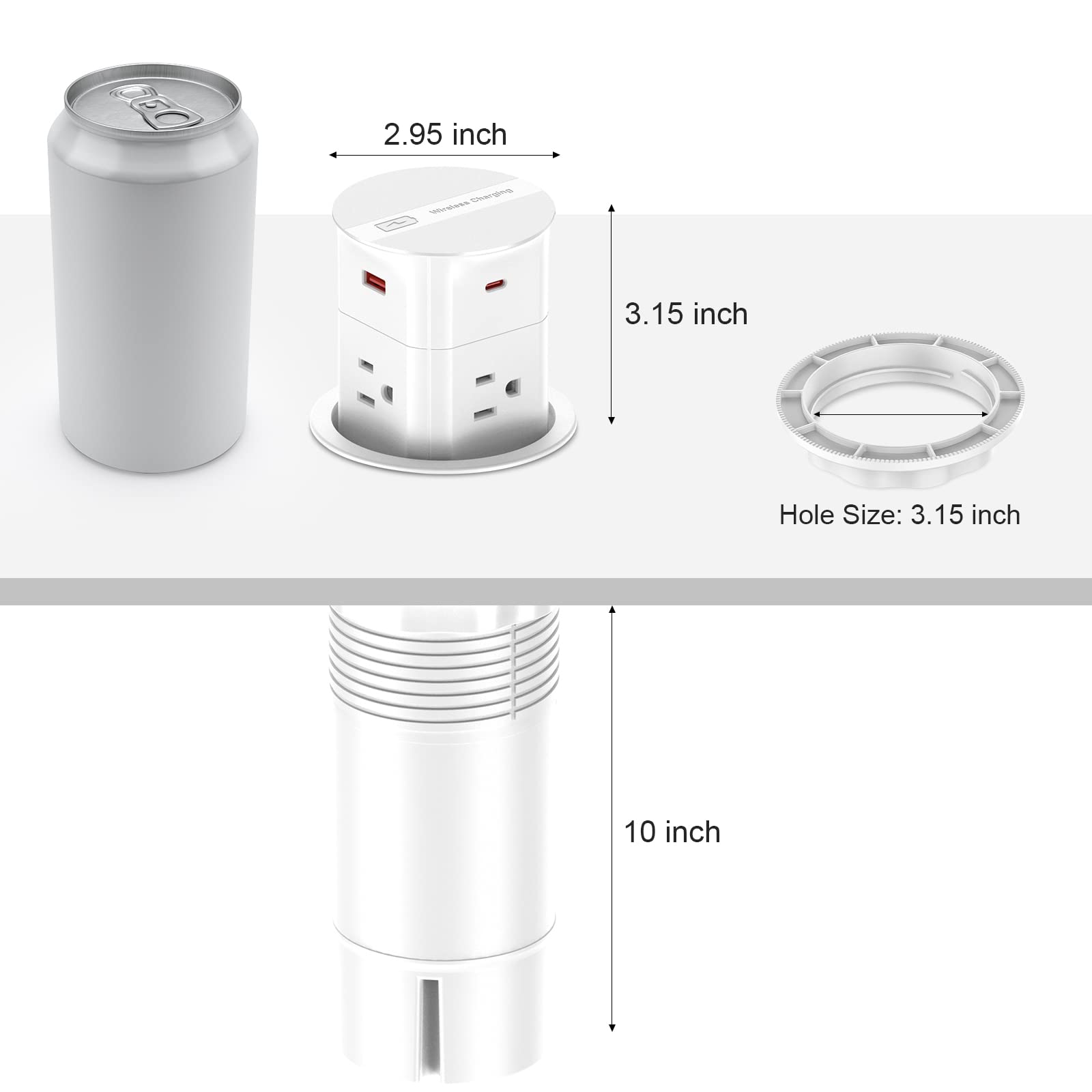 ANNQUAN 9-in-1 Pop Up Countertop Outlet with 4 AC Outlets, 20W USB-C PD Fast Charging, 15W Wireless Charger & QC3.0 USB-A Ports - White | For Kitchen Island, Home Office & Workspace Charging Station