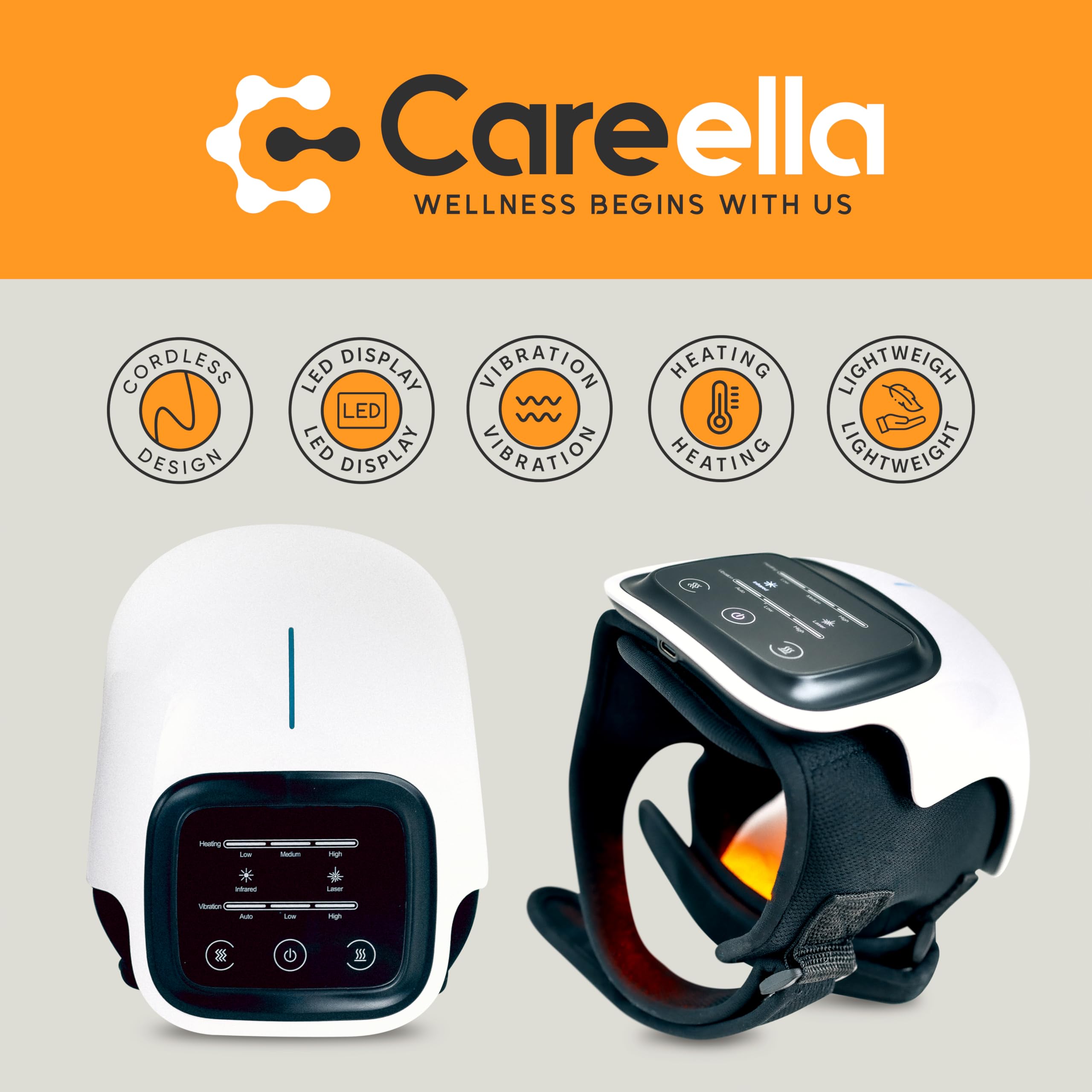 Careella Wireless Knee Massager with Heat & Vibration - Adjustable Straps, Cordless Design for Pain Relief - Heating Pad for Stiff Joints, Muscles & Knee Pain - Portable Massage Device for Home, Office & Travel Use