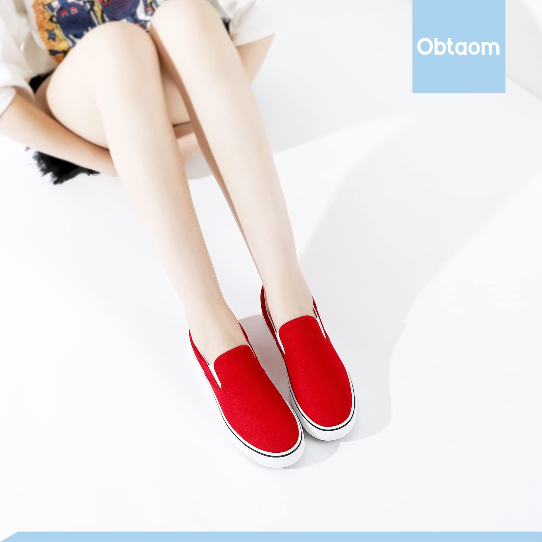 Obtaom Women's White Sneakers - Slip On Black Canvas Loafers for Women | Comfortable Low Top Casual Shoes for Walking, Work & Everyday Wear