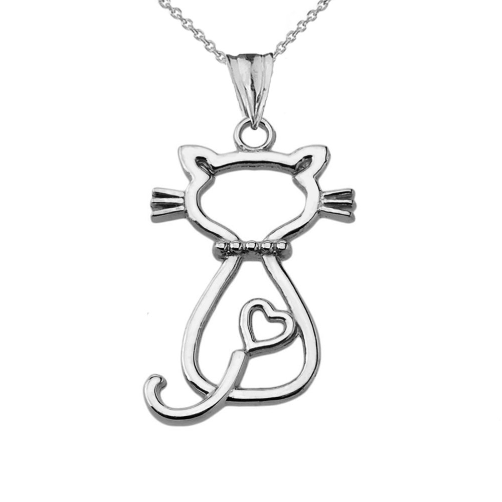 10k White Gold Openwork Backwards Cat Charm Pendant Necklace for Women - Elegant Jewelry Gift for Cat Lovers, Birthday, Anniversary & Special Occasions