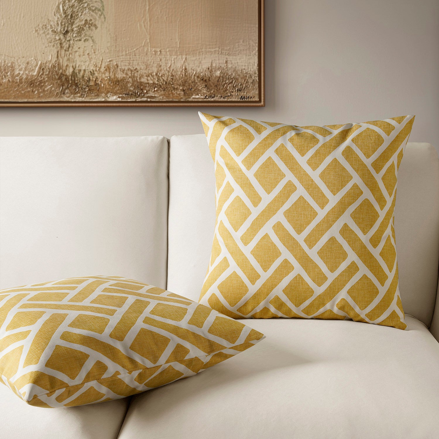 Martinique Yellow Geometric Printed Cotton Cushion Covers (Set of 2) - Modern Boho Home Decor for Sofa, Bed & Living Room