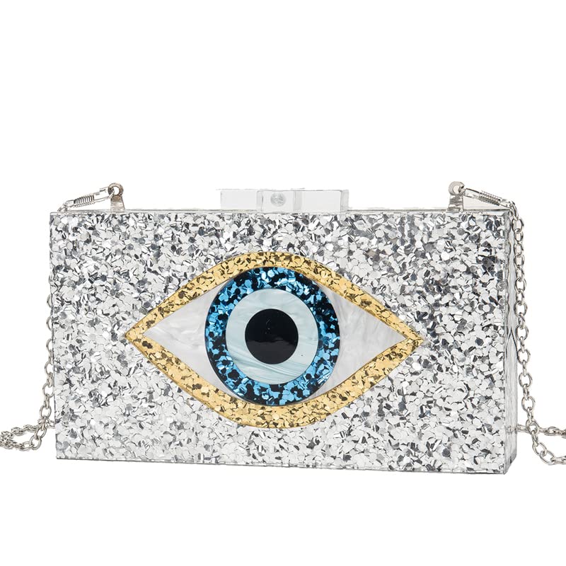 LETODE Women's Evil Eye Acrylic Clutch Purse - Glitter Evening Bag with Chain, Shoulder & Crossbody Strap for Parties, Weddings & Special Occasions