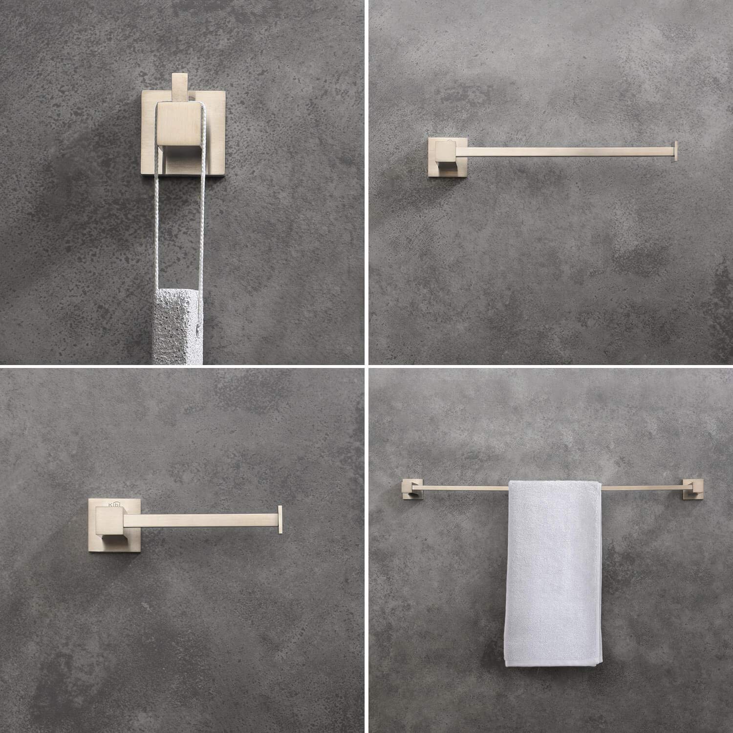 KIBI 4-Piece Bathroom Hardware Set - Solid Brass Towel Bar, Towel Ring, Toilet Paper Holder & Robe Hooks - Brushed Nickel Finish (C-KBA15-4) | Modern Bathroom Accessories for Home & Hotel Decor | Perfect for Powder Rooms, Master Baths & Spa-Style Retreats