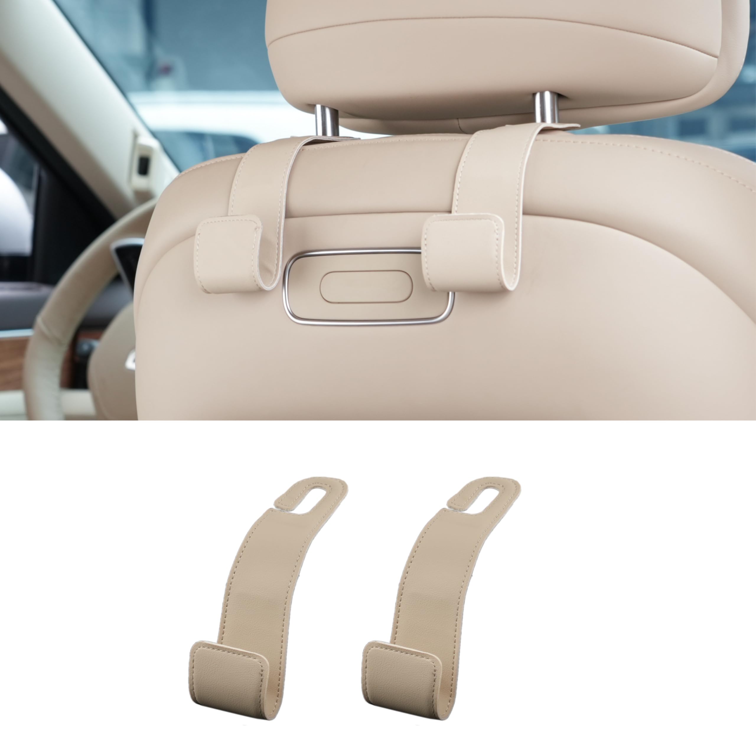 Upgraded 2-Pack Car Seat Hooks - Leather Purse Holder for Car Back Seat, Car Organization Accessories for Hanging Bags & Purses (Beige) - Perfect for Shopping, Commuting & Road Trips