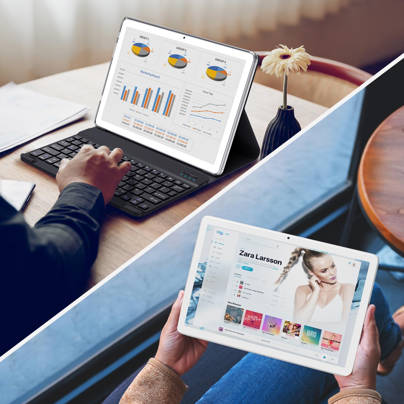 2024 Latest 2-in-1 Tablet with Keyboard - 10 Inch Android Tablet, Octa-Core Processor, 4GB RAM + 128GB ROM, 7000mAh Battery, Dual-Band WiFi, Bluetooth 5.0, GPS, HD Touch Screen (Silver) - Perfect for Work, Study & Entertainment On The Go