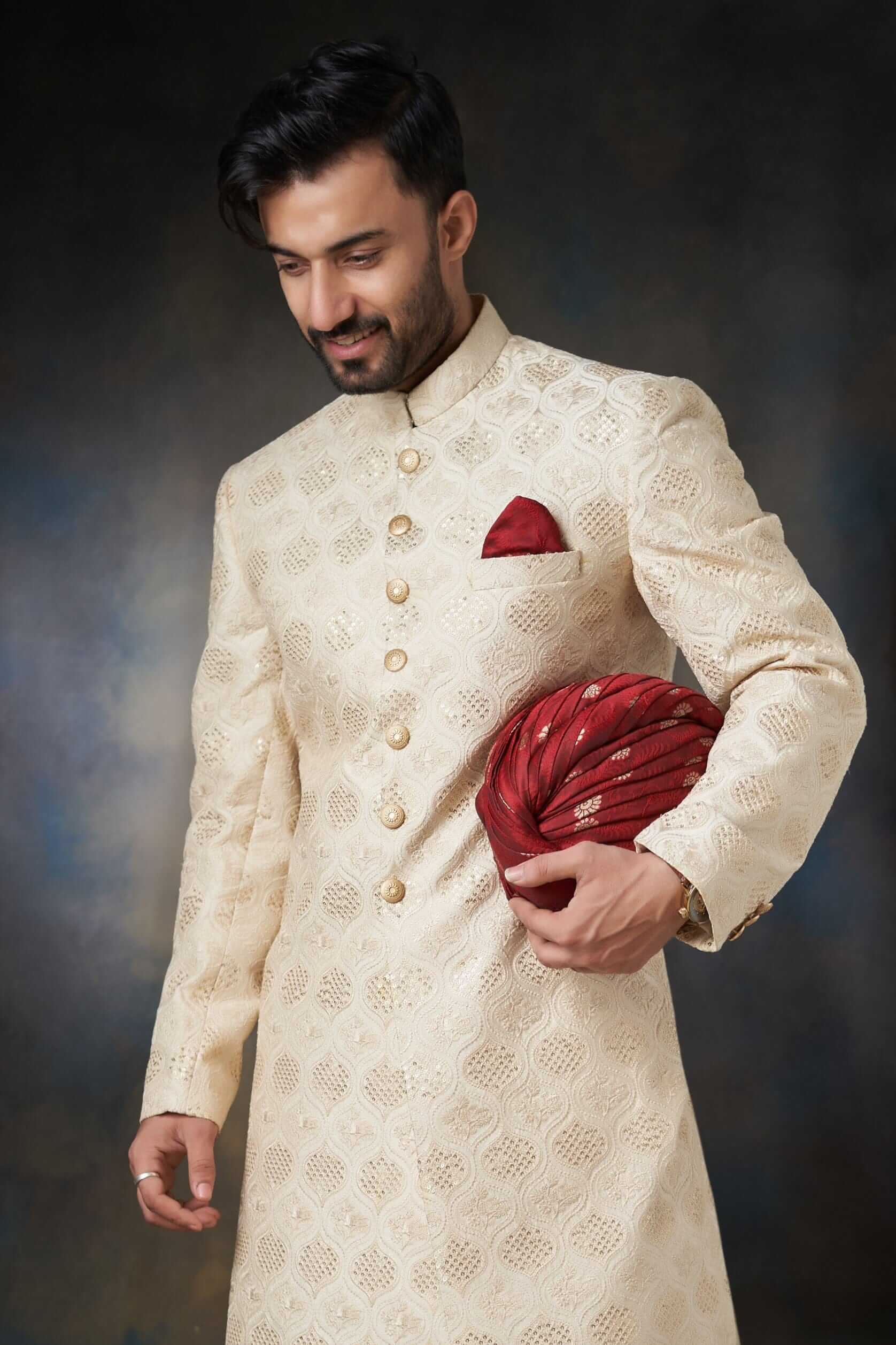 Elegant Fawn & Gold Raw Silk Sherwani with Sequins | Men's Traditional Indian Wedding Attire | Perfect for Weddings, Festivals & Special Occasions
