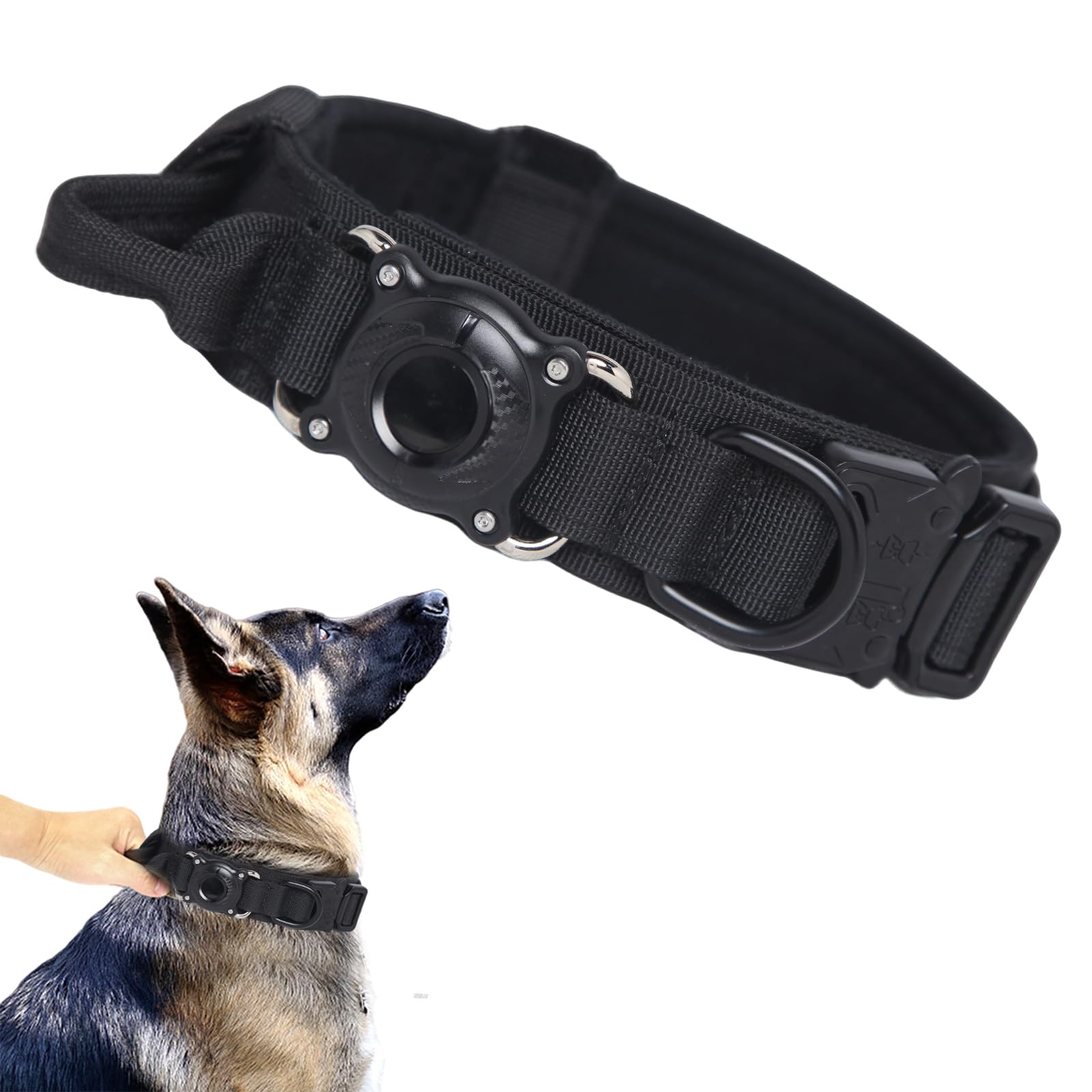 Tactical Dog Collar with AirTag Holder - Waterproof Adjustable Heavy Duty Dog Collar with Control Handle & Metal Buckle for Large Dogs - Perfect for Training, Hiking & Outdoor Adventures (Black, XL)