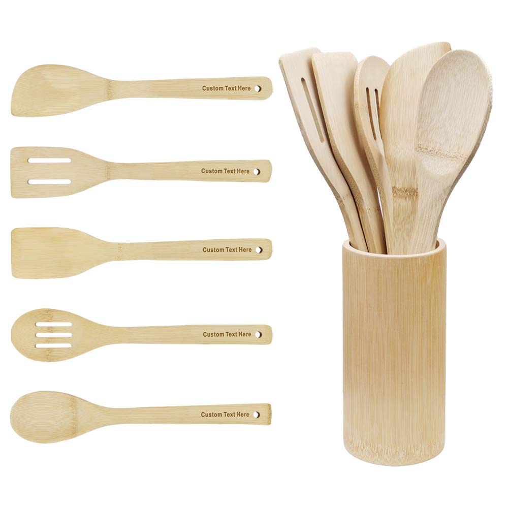 **Personalized 5-Piece Bamboo Cooking Utensil Set with Holder - Custom Engraved Wooden Kitchen Utensils, Spatula & Spoon for Nonstick Cookware & Wok - Eco-Friendly & Durable - Perfect Gift for Home Chefs & Cooking Enthusiasts - Ideal for Sauteing, Stir-Frying & Baking**