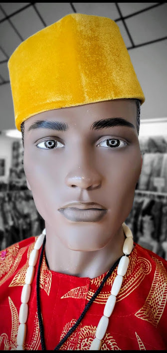 Golden Yellow African Velvet Senator Hat for Men - Traditional Nigerian Style Headwear for Weddings & Special Occasions - DPHV143 by Dupsie