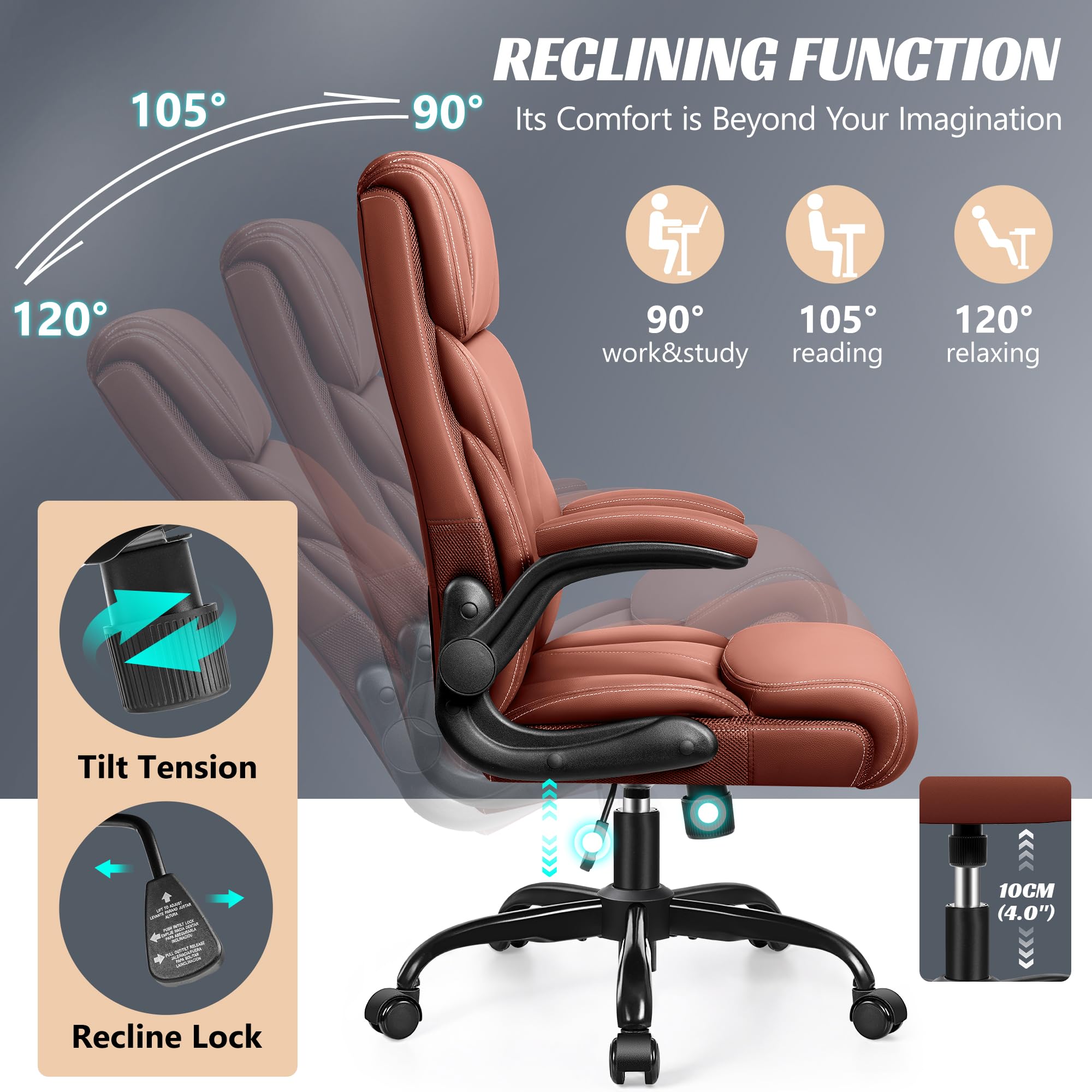 Ergonomic Big and Tall Office Chair - Adjustable High Back Executive Leather Computer Desk Chair with Lumbar Support, Flip-Up Armrests & Rocking Function - Perfect for Home Office, Gaming & Workspaces