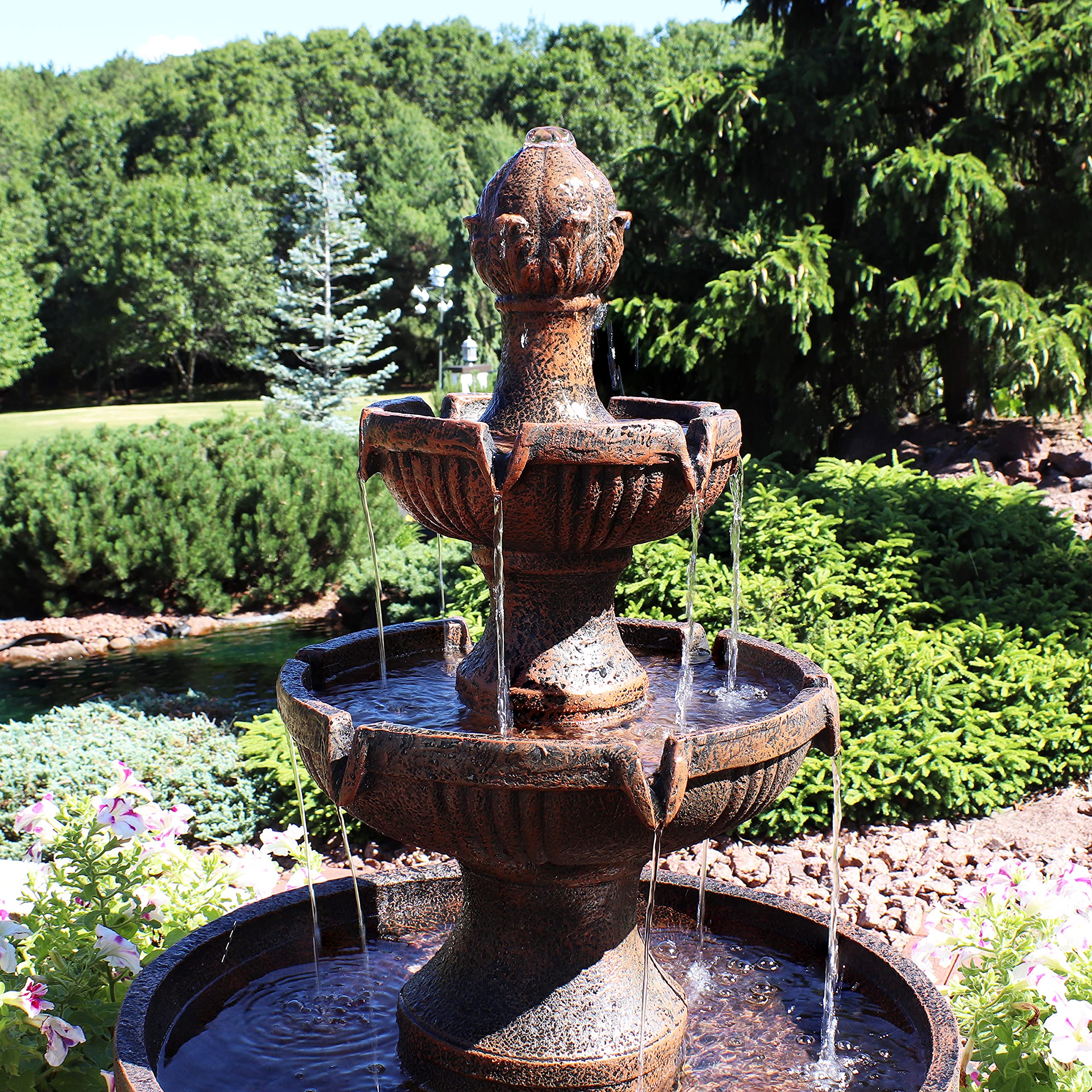 Sunnydaze 43-Inch 3-Tier Electric Water Fountain with Flower Blossom Design - Outdoor Garden Water Feature in Earth Finish - Perfect for Patio, Yard, and Landscape Decor