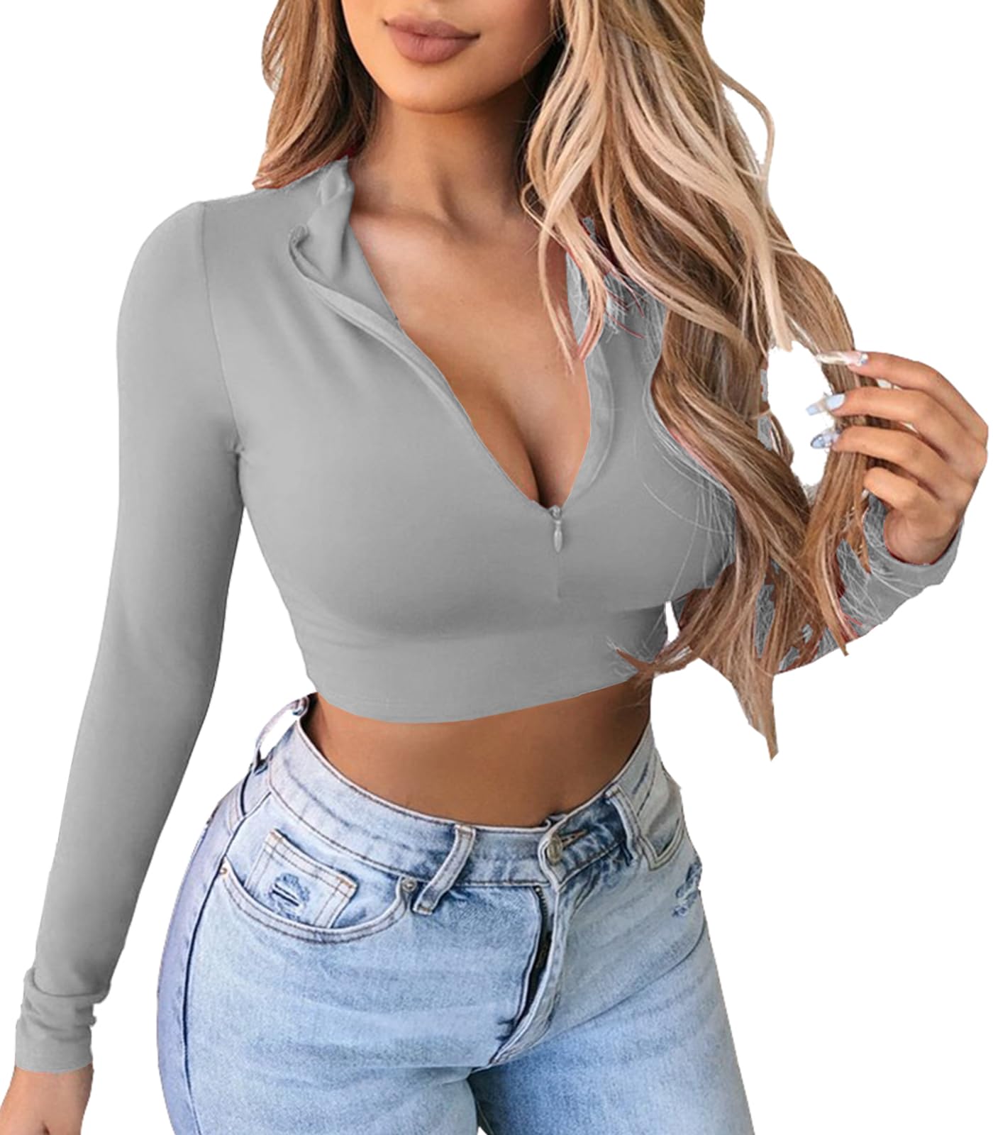 Artfish Women's Long Sleeve Quarter Zip Fleece-Lined Crop Top - Soft V-Neck Fitted Shirt for Winter, Yoga, Running & Casual Outfits