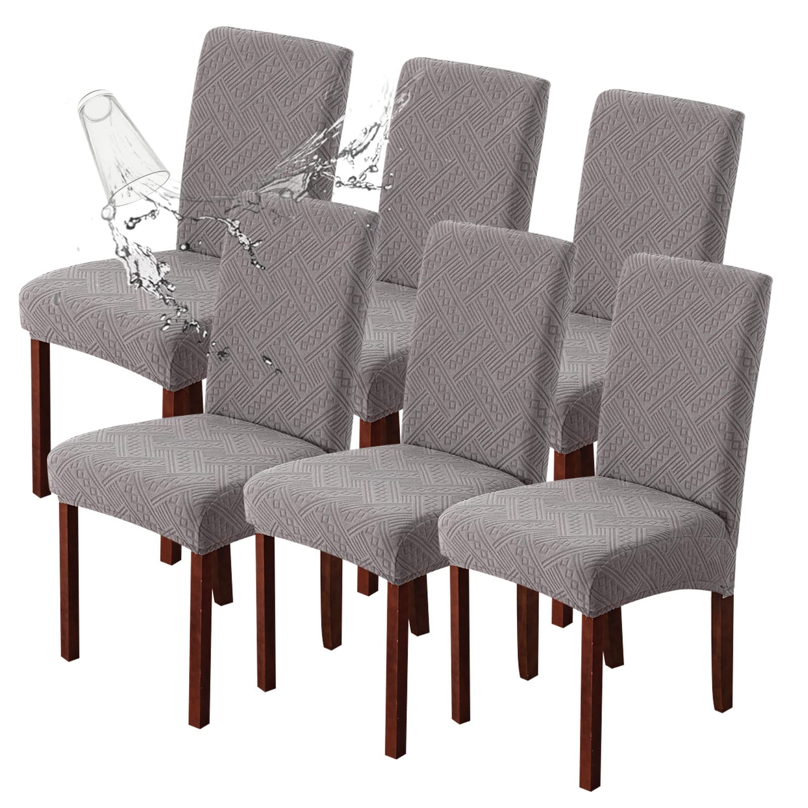 Waterproof Stretch Parsons Chair Slipcovers - 6 Pack Washable Dining Room Chair Covers, Light Gray Pattern, Removable Kitchen Chair Protectors for Home & Restaurant Use