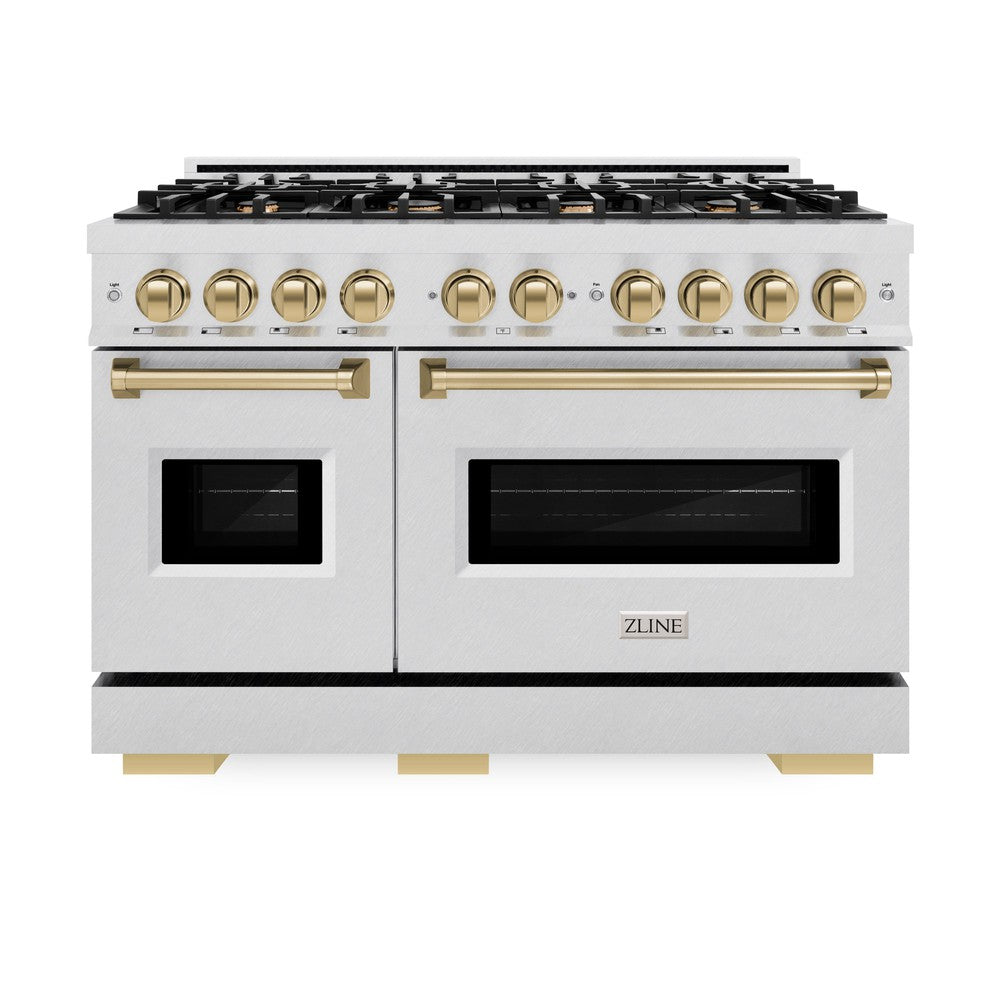 ZLINE Autograph Edition 48-inch 6.7 cu. ft. Classic Double Oven Gas Range with 8 Burner Cooktop in Satin Stainless Steel and Champagne Bronze Accents - Perfect for Large Kitchens, Home Chefs & Entertaining (CGRSZ 48 CB)