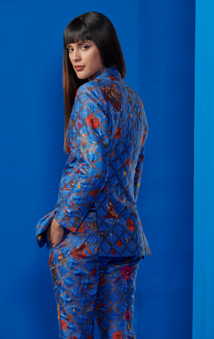Elegant Rana Blazer in Silk Brocade - Cobalt Blue Women's Formal Jacket for Office Wear & Evening Events