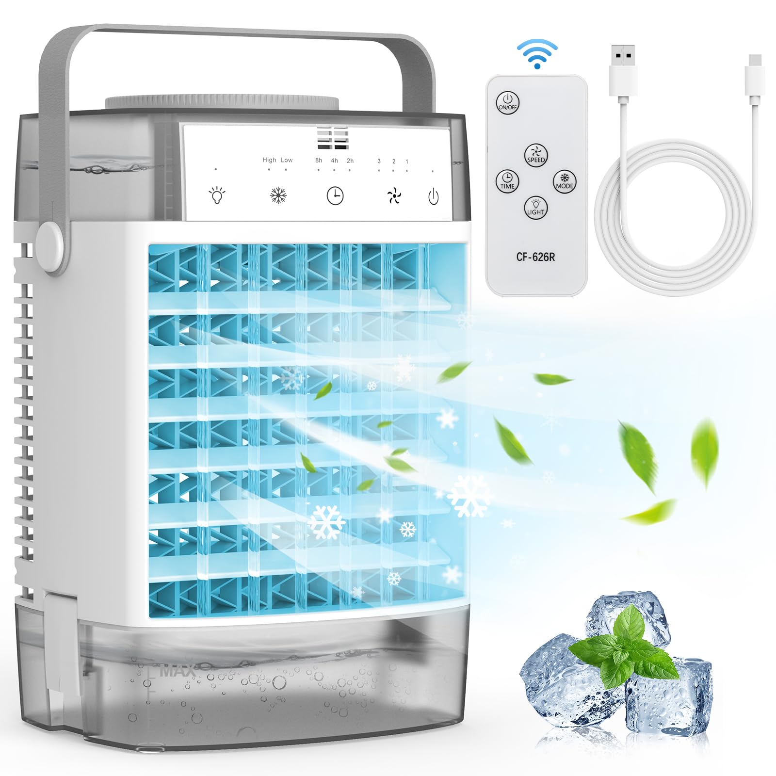 Portable Air Conditioner 1600ml - 3 Speed Personal Mini AC with Remote Control, 7 Color LED, Timer - Evaporative Air Cooler for Room, Office, Bedroom - Perfect for Summer Cooling & Home Comfort
