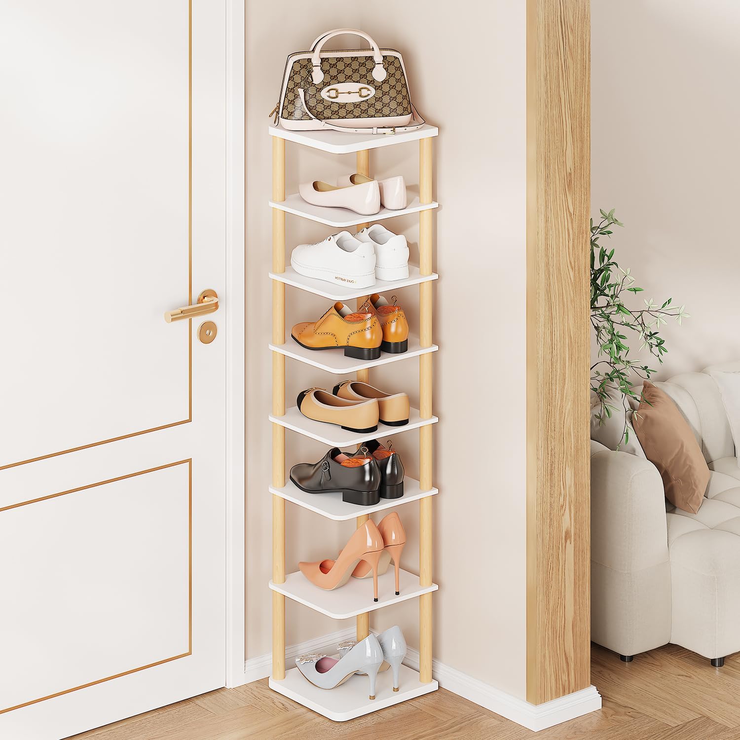 LUCKNOCK 8-Tier Vertical Shoe Rack - Space Saving Shoe Organizer for Entryway, Closet, Dorm & Small Spaces - White Freestanding Wooden Shoe Shelf for Boots, Sneakers & Heels - Perfect for Home, Office & Apartment Organization