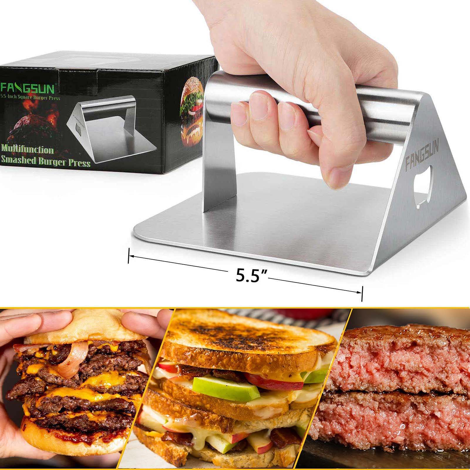 FANGSUN 5.5 Inch Stainless Steel Burger Press & Smasher - Heavy Duty Griddle Press for Flat Top Grill, Smashed Burger Maker with Bottle Opener - Perfect for BBQ, Backyard Grilling & Restaurant Cooking