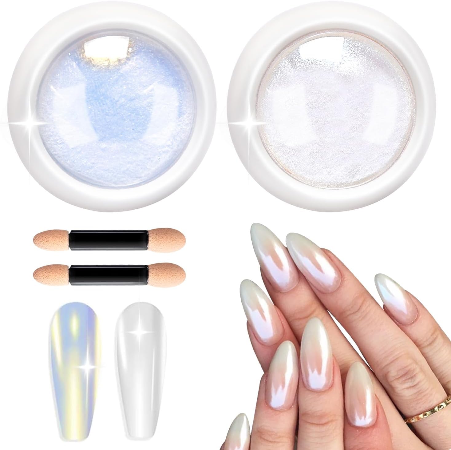 RUBYFACE White Pearl Chrome Nail Powder - Holographic Glitter Manicure Pigment with Aurora Moonlight Effect | Professional Nail Art Tools Included | Perfect for Salon, Home Manicure & Special Occasions