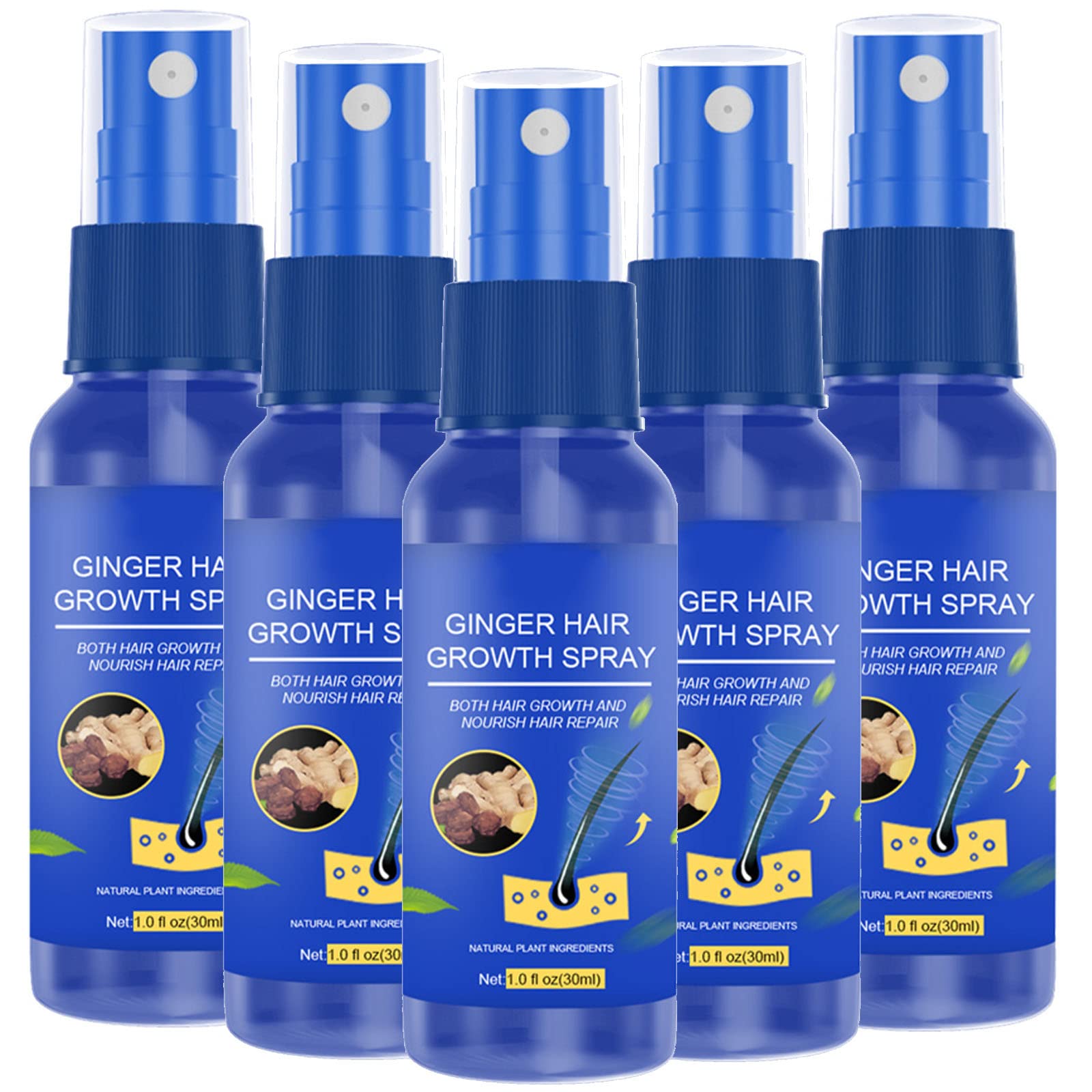 Bio-Ginger Anti-Hair Loss Serum & Beard Growth Spray - Natural Gingro Hair Growth Treatment for Men & Women - Fast-Acting Ginger Hair Serum Spray for Thicker, Fuller Hair (5-Pack) - Perfect for Daily Scalp Care & Beard Enhancement
