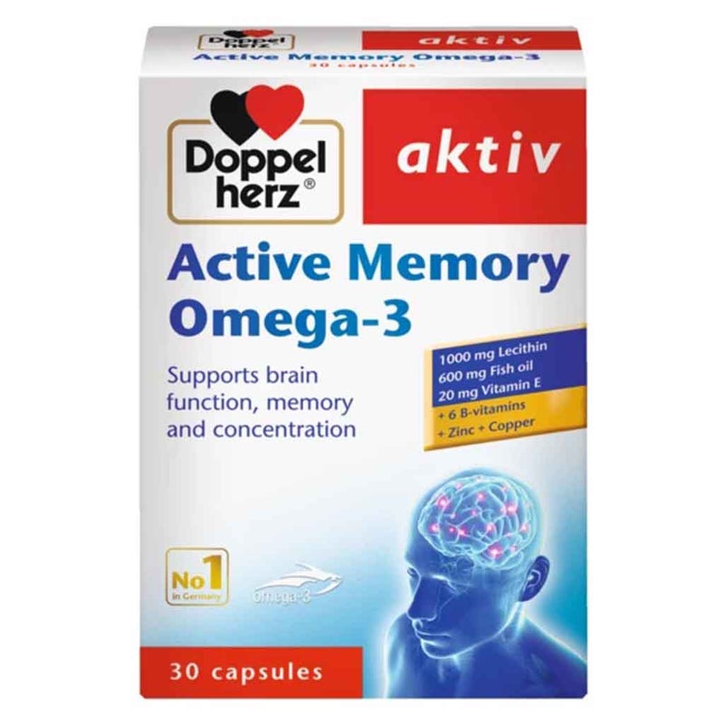 Doppelherz Aktive Memory Omega 3 Fish Oil Capsules - 30 Count for Brain Function, Focus & Cognitive Support - Essential Fatty Acids Supplement for Students, Professionals & Seniors - Supports Memory & Mental Clarity