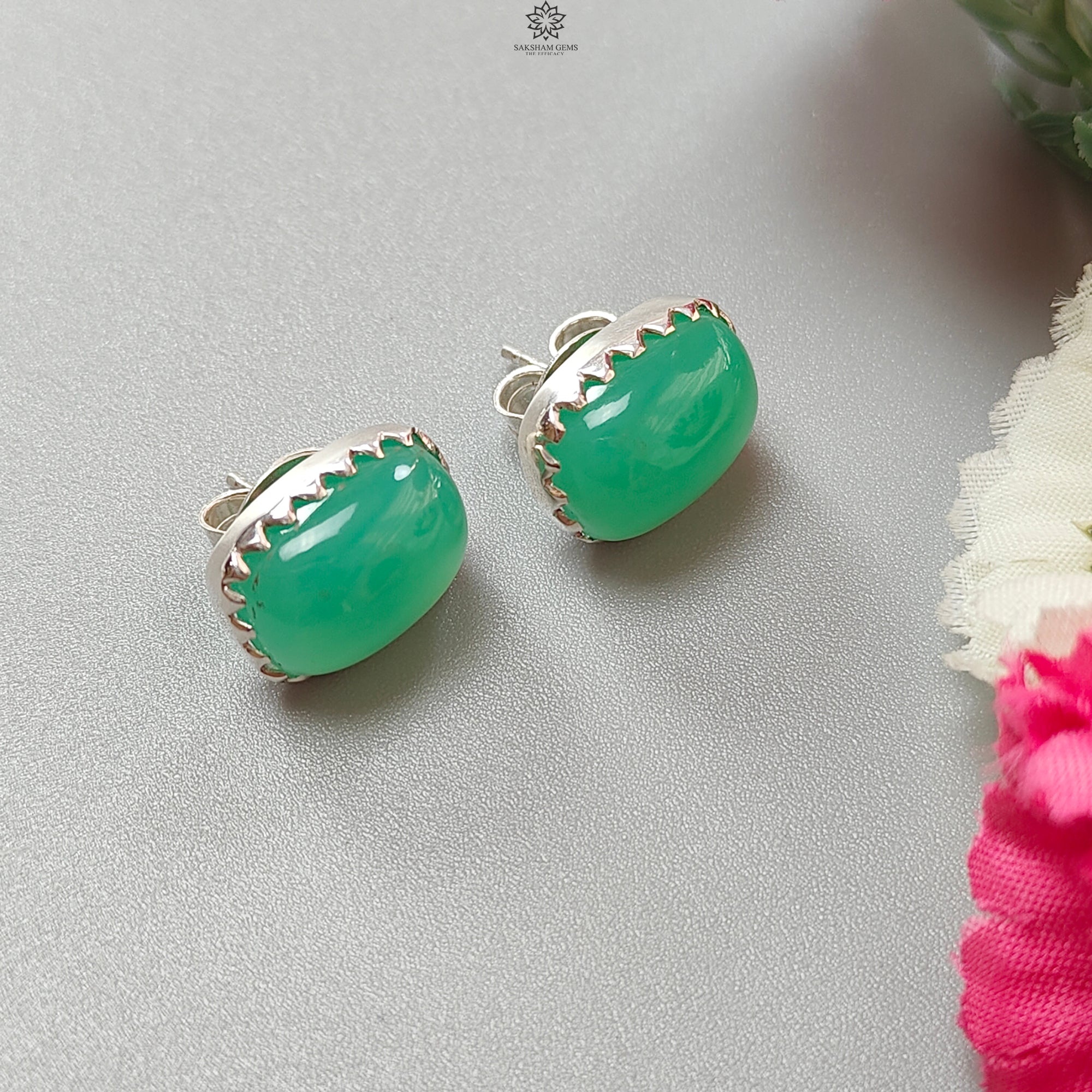 Natural Green Chrysoprase Cabochon 925 Silver Stud Earrings - 5.79g Oval Bezel Set Push Back Earrings for Women | Perfect for Everyday Wear, Gift Giving & Special Occasions