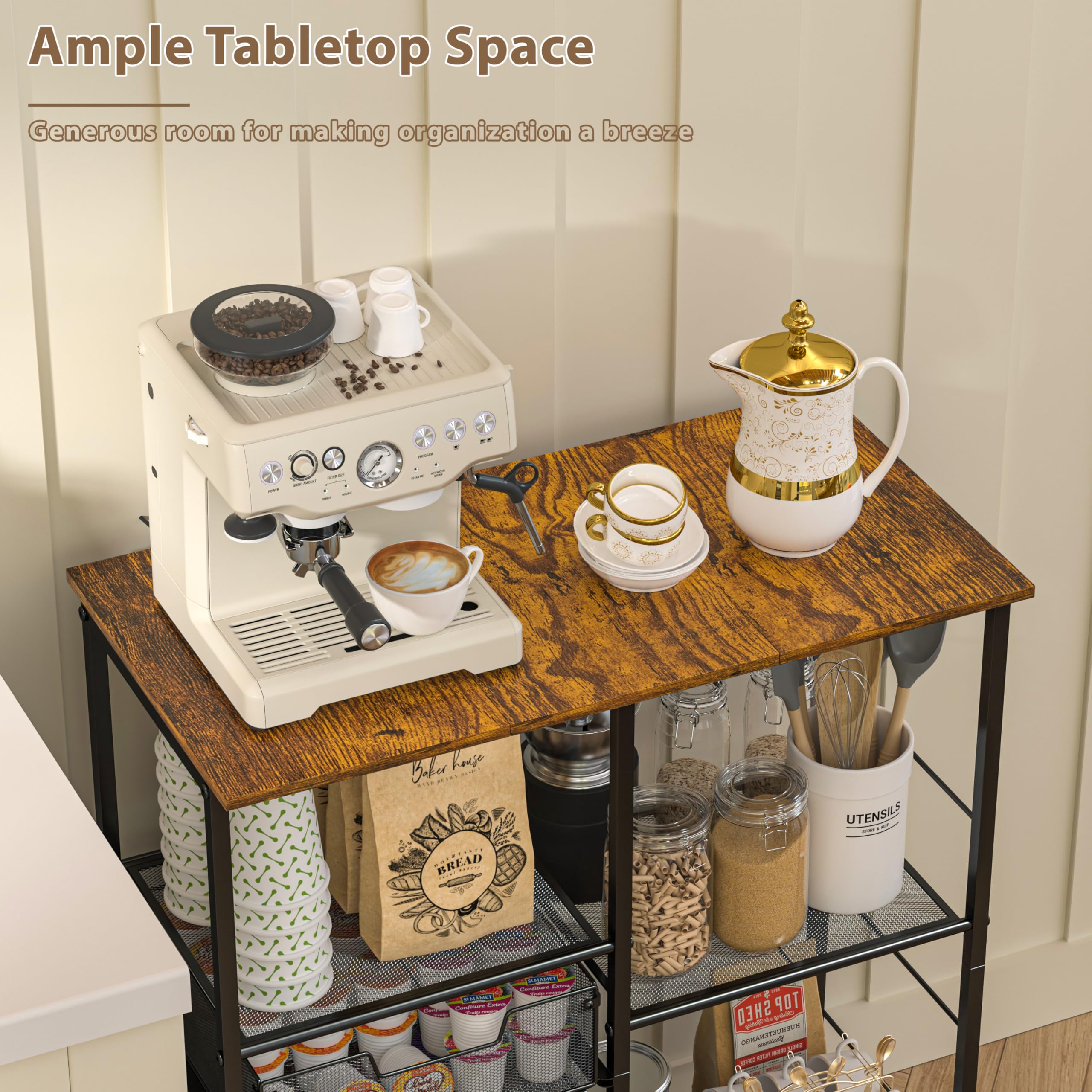 Rolling Microwave Cart with Storage & Drawers - Mobile Kitchen Island Cart with Wheels, Bakers Rack & Coffee Bar Station - Perfect for Small Kitchens, Apartments & Pantry Organization
