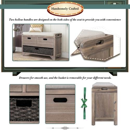 Entryway Bench with Removable Rattan Basket & 2 Drawers - Fully Assembled Shoe Storage Bench with Cushion for Hallway, Living Room, Bedroom - Perfect for Organizing Shoes, Hats & Home Decor