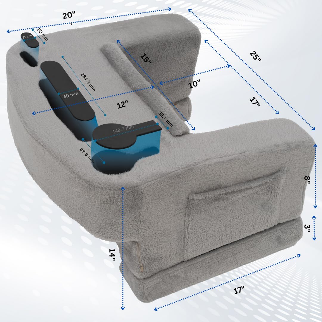 Extra Large Reading Pillow for Gaming & Work - Adjustable Lap Desk with Arm Rest, Cup Holder & Phone Holder - Laptop Support & Large Storage Pockets - Perfect for Office, Bed, Sofa & Travel (Furry Grey)
