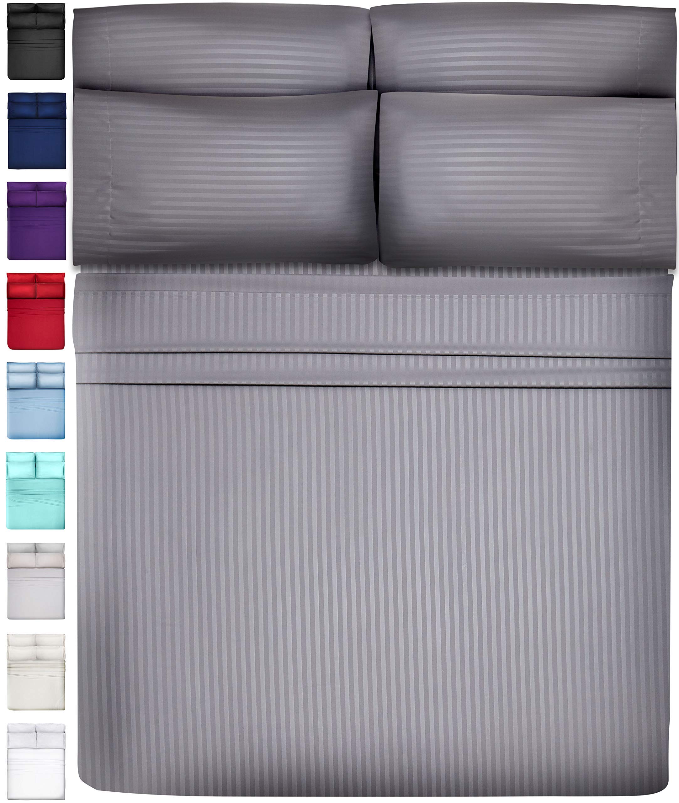 Dreamcare 6-Piece Full Size Cooling Bed Sheet Set - Ultra Soft 100% Brushed Microfiber with Side Pocket, Stripe Gray - Perfect for Hot Sleepers & Temperature Regulation in Bedrooms, Dorms, and Guest Rooms