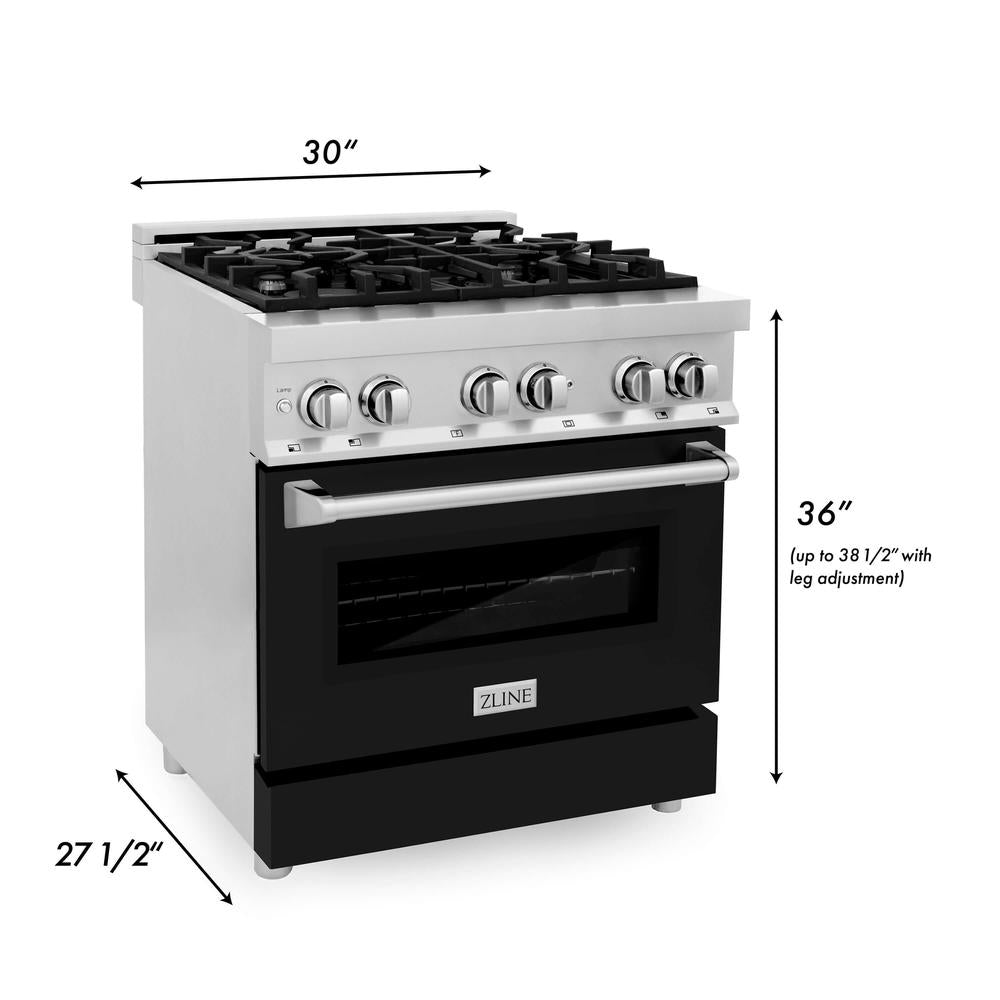 ZLINE 30 Inch Stainless Steel Dual Fuel Range with Black Matte Door & Convertible Range Hood - Professional Kitchen Package (2KP RABLMRH30) for Home Chefs & Modern Cooking Enthusiasts